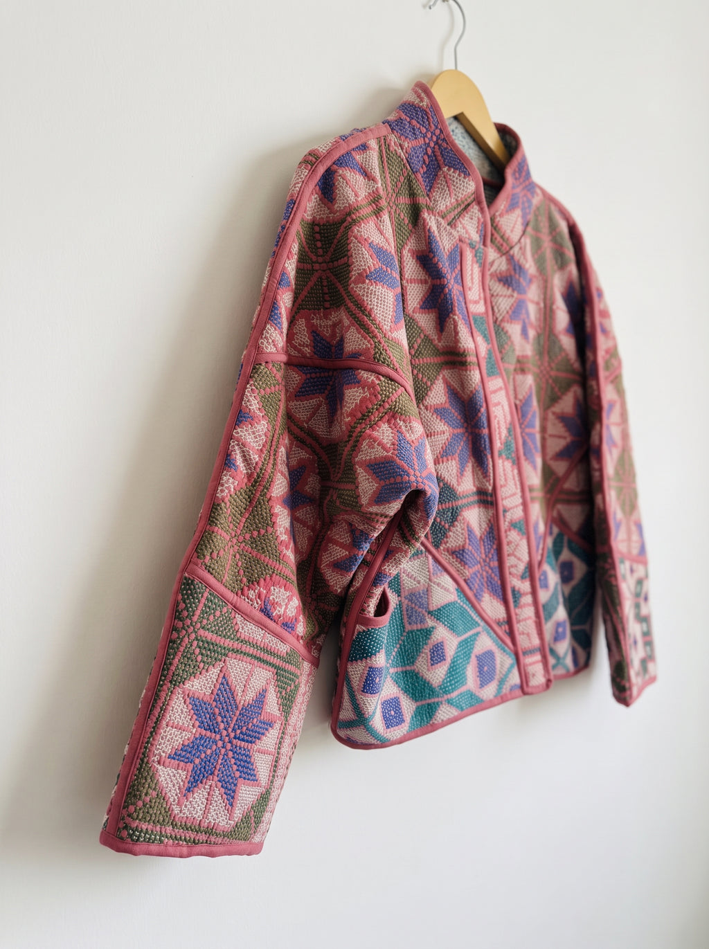 Blush Indigo Floral Kantha Bomber Jacket