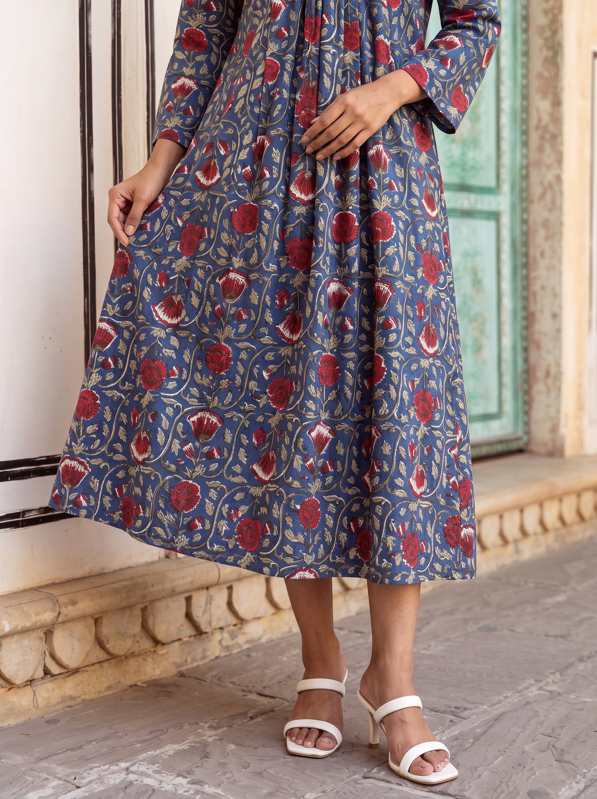 Blue Floral Flare Midi Dress