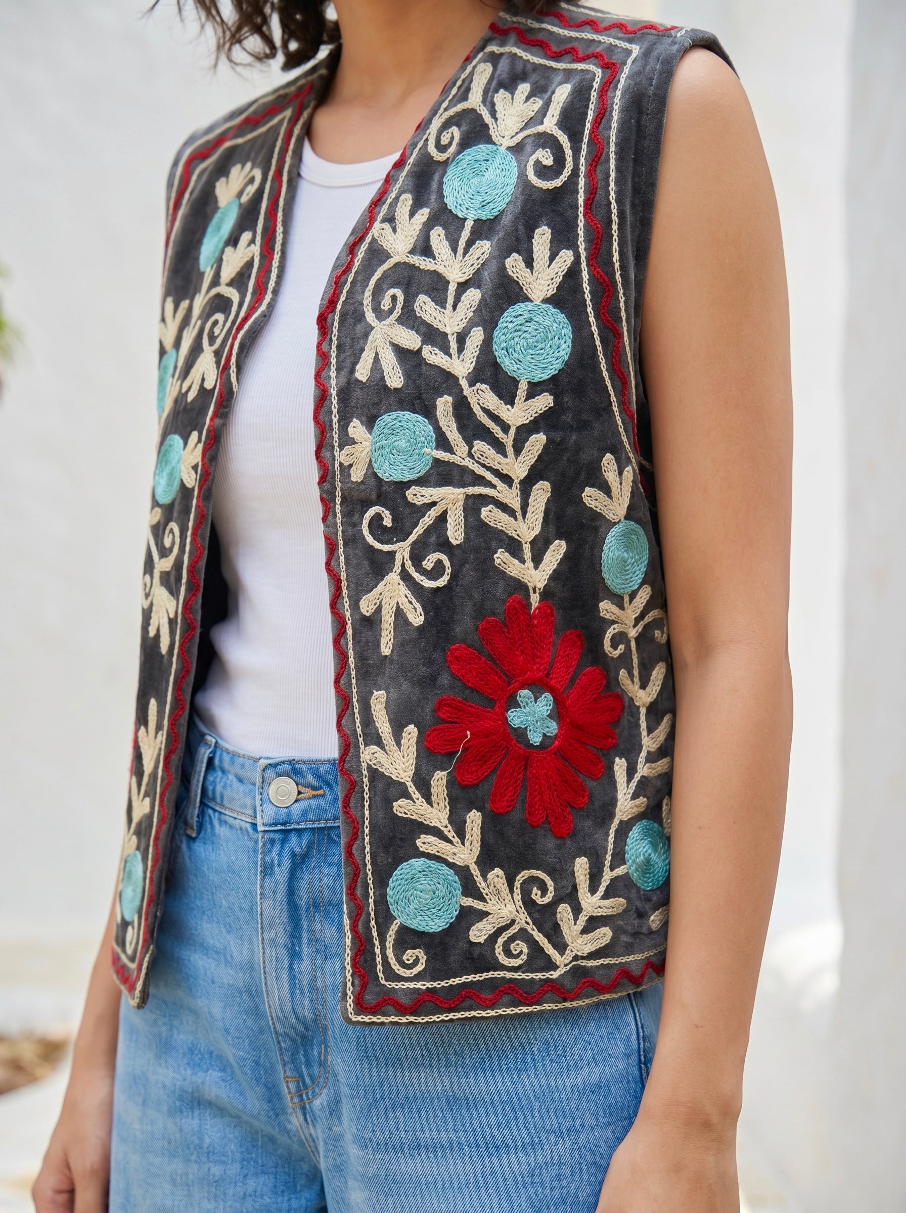 Meadow Charm Embroidered Velvet Vest