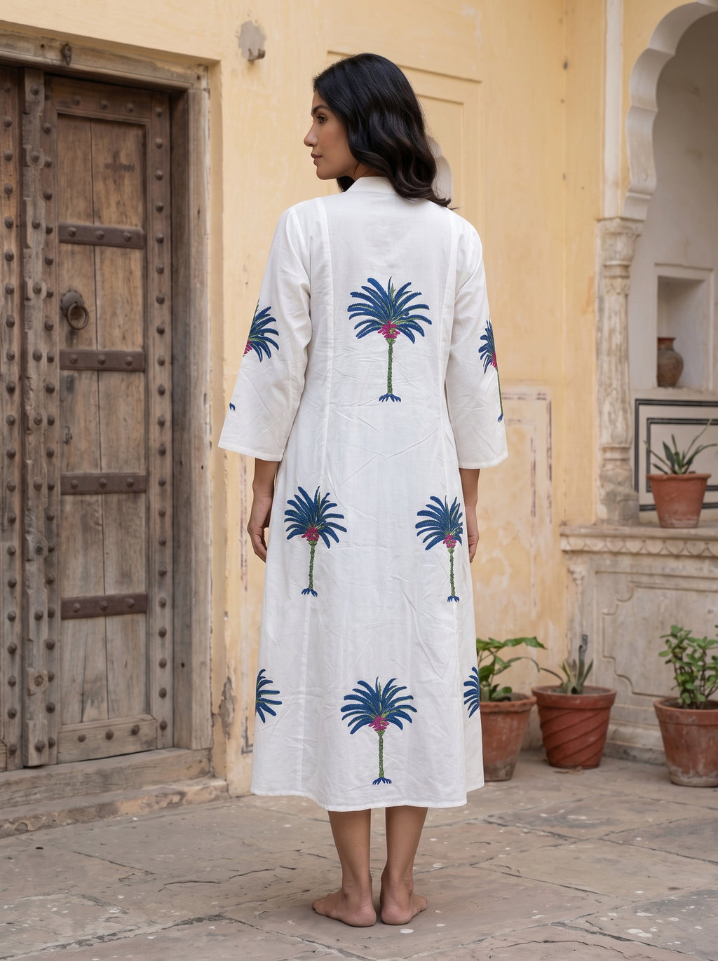 Blue Palm Hand Block Print Cotton Dress