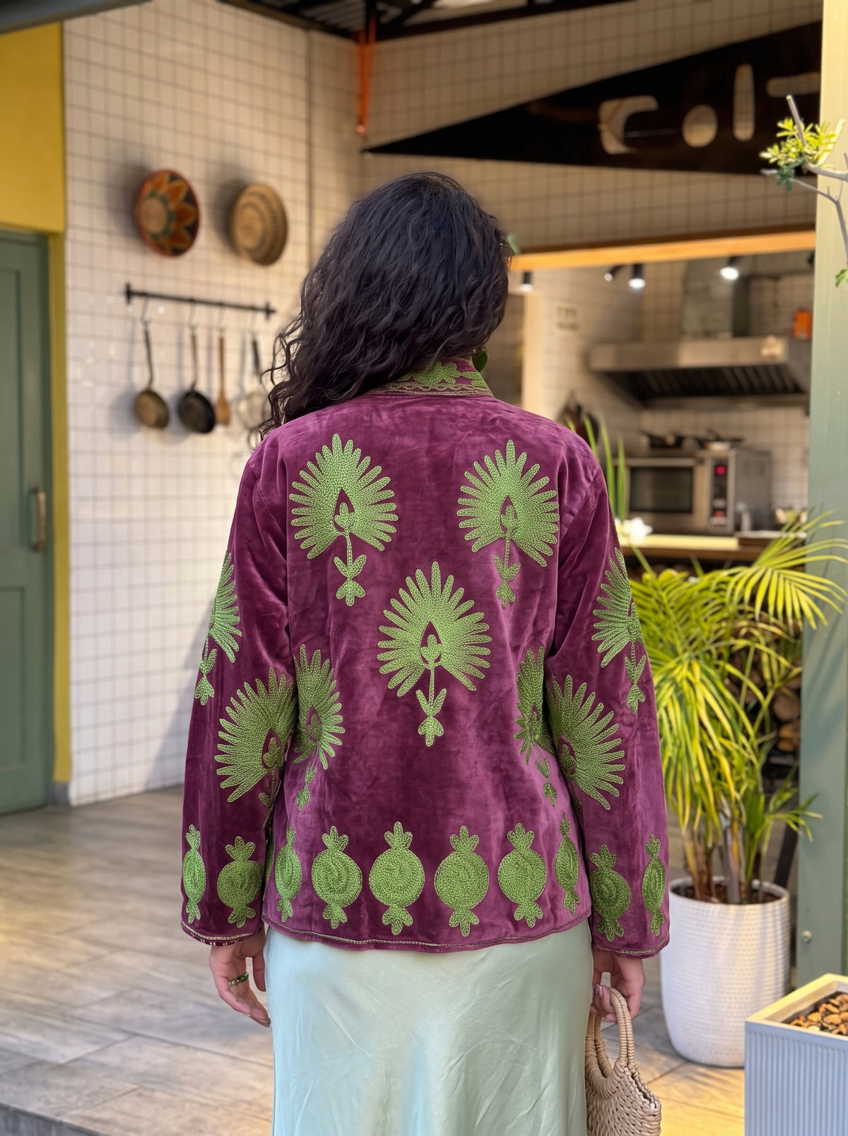 Burgundy Candy Embroidered Velvet Suzani Jacket