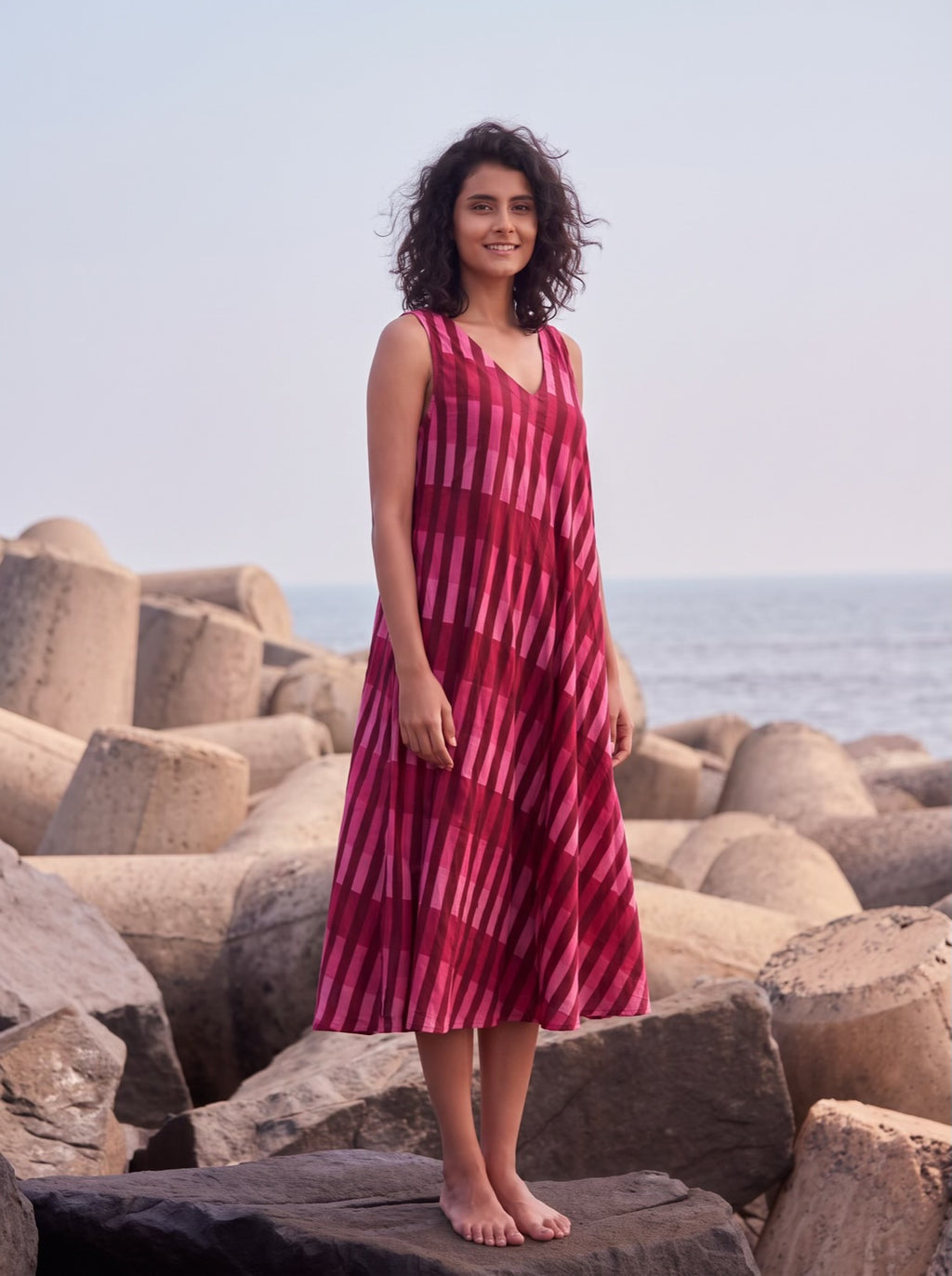 Berry Stripe Flare Midi Dress