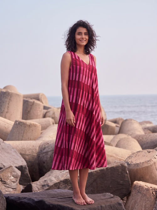 Berry Stripe Flare Midi Dress