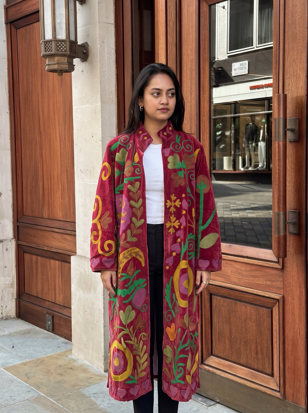 Burgundy Suzani Velvet Long Jacket
