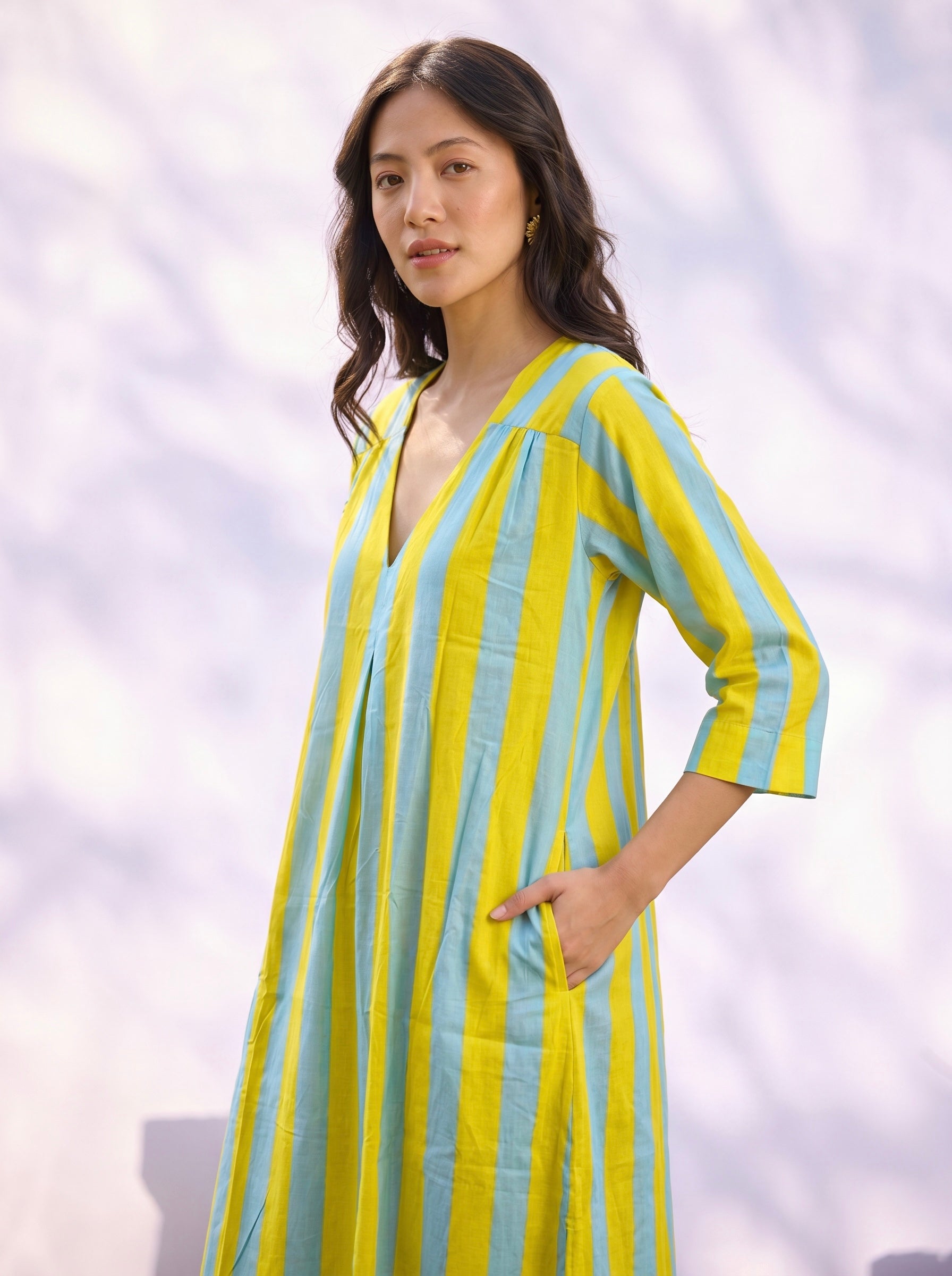 Yellow & Sky Blue Stripe Cotton Dress