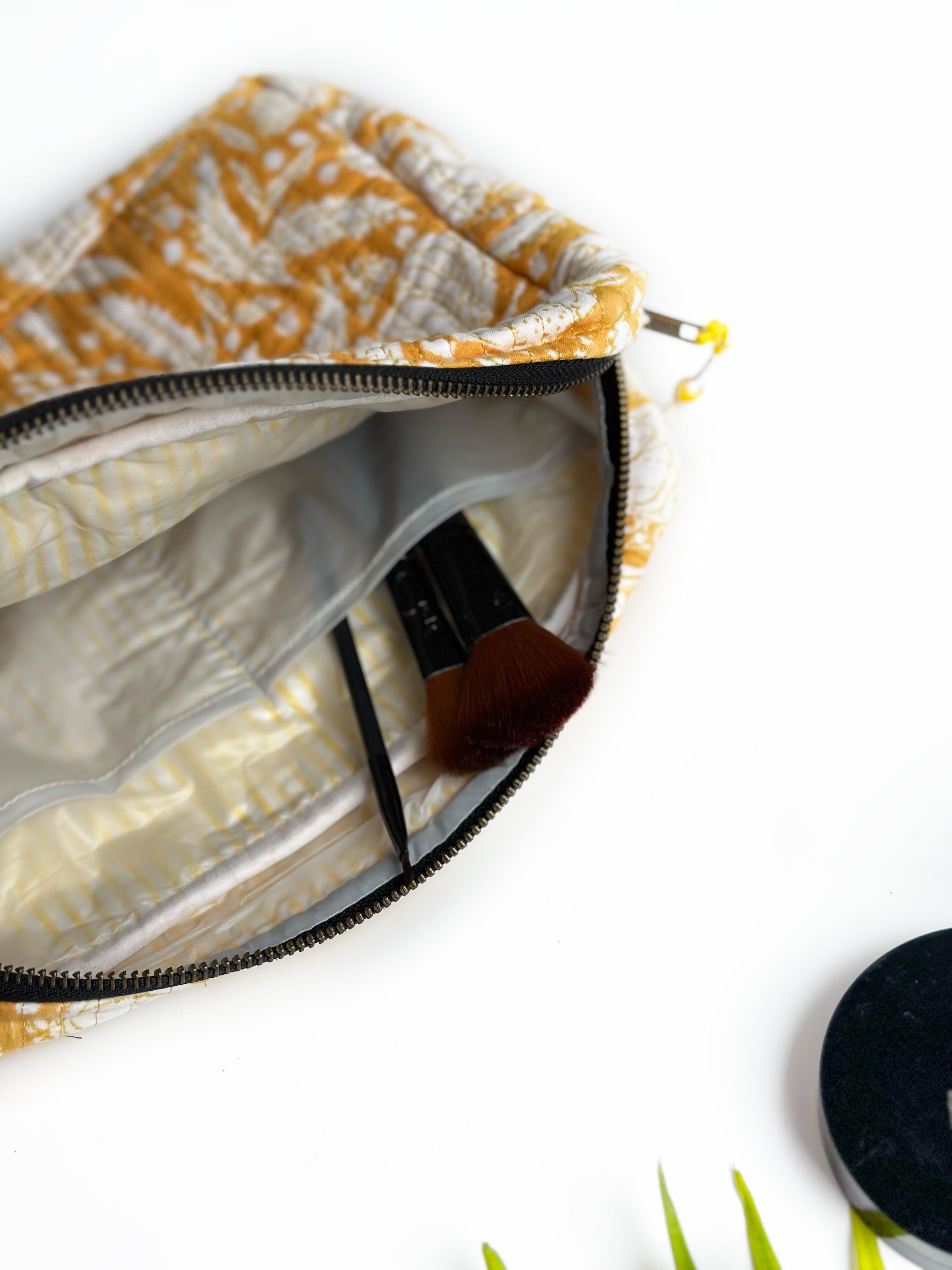 Mustard Floral Quilted Cosmetic Pouch