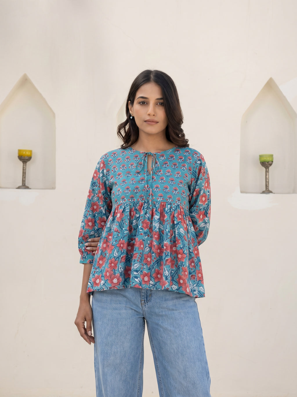 Blue & Coral Floral Peplum Top