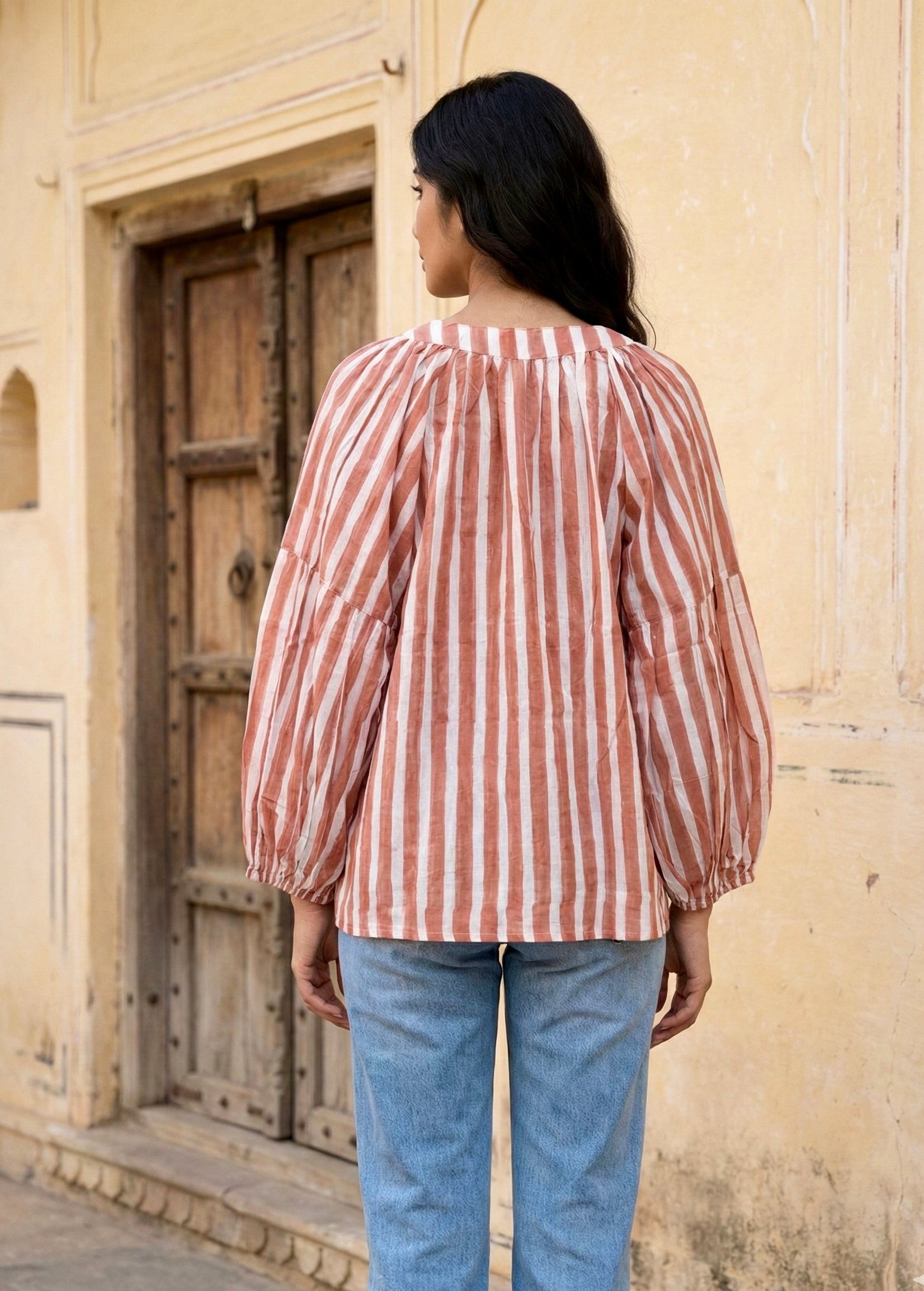 Rust Pink Striped Cotton V-Neck Top with Balloon Sleeves