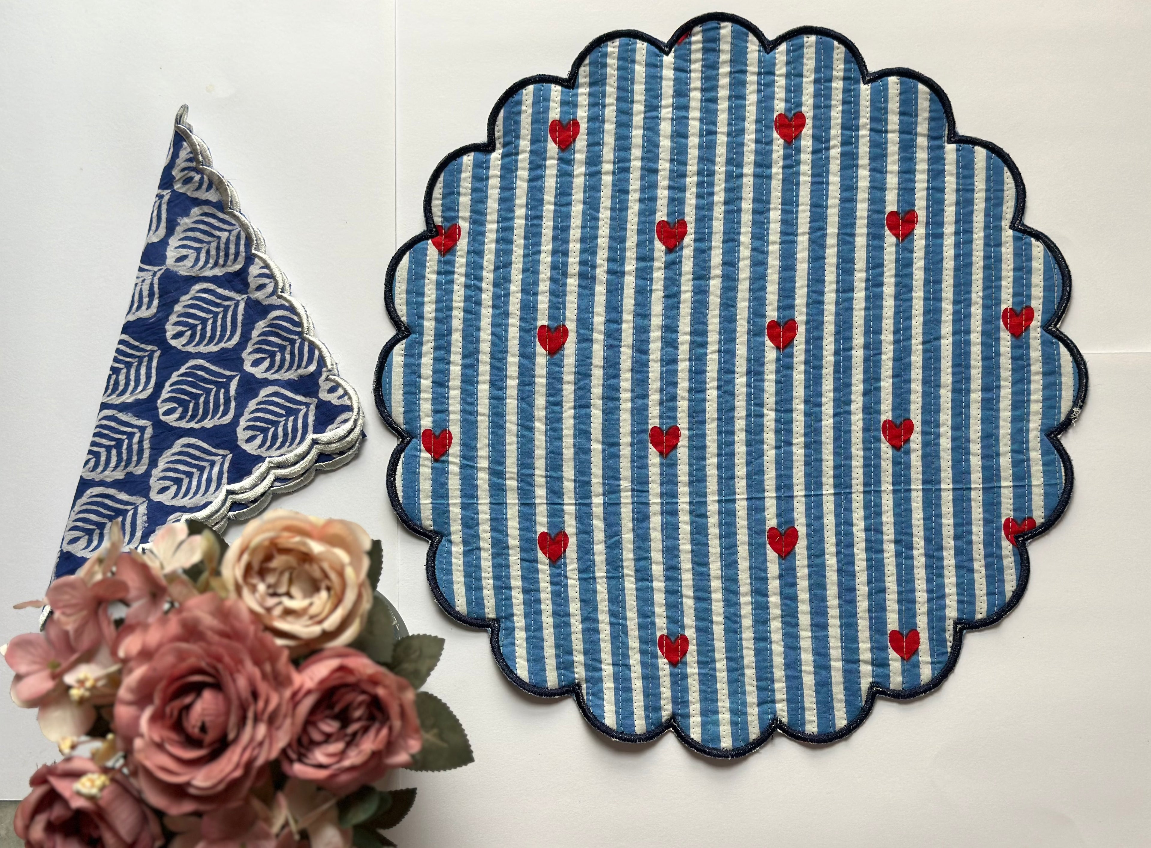 Indigo Leaf Quilted Placemats & Napkin Set of 6