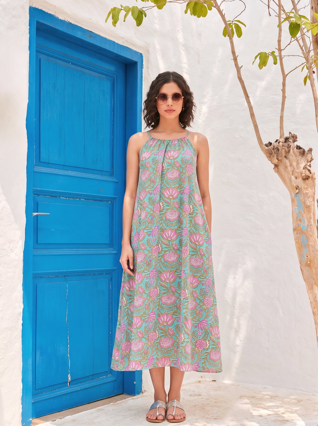 Mint Green Floral Cotton Halter Midi Dress