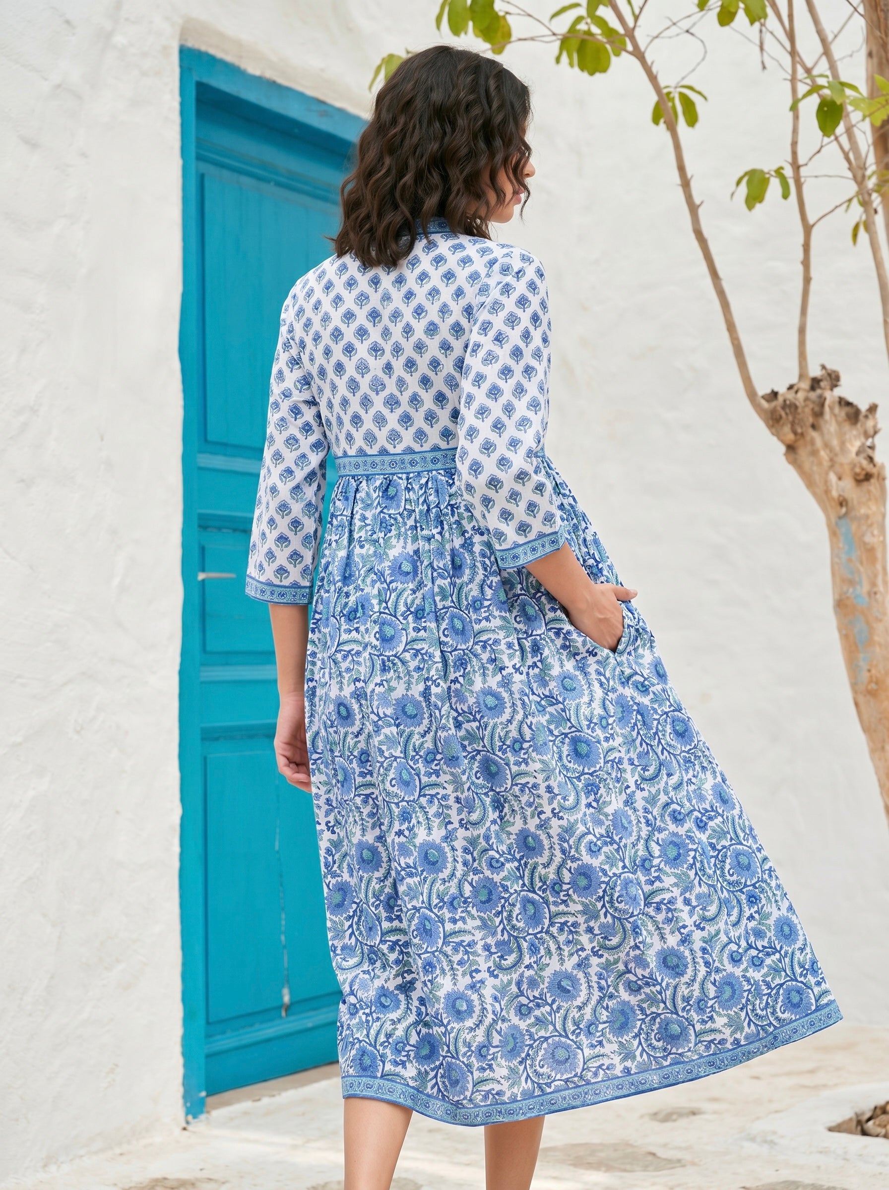 Azure Garden Handblock Maxi Dress
