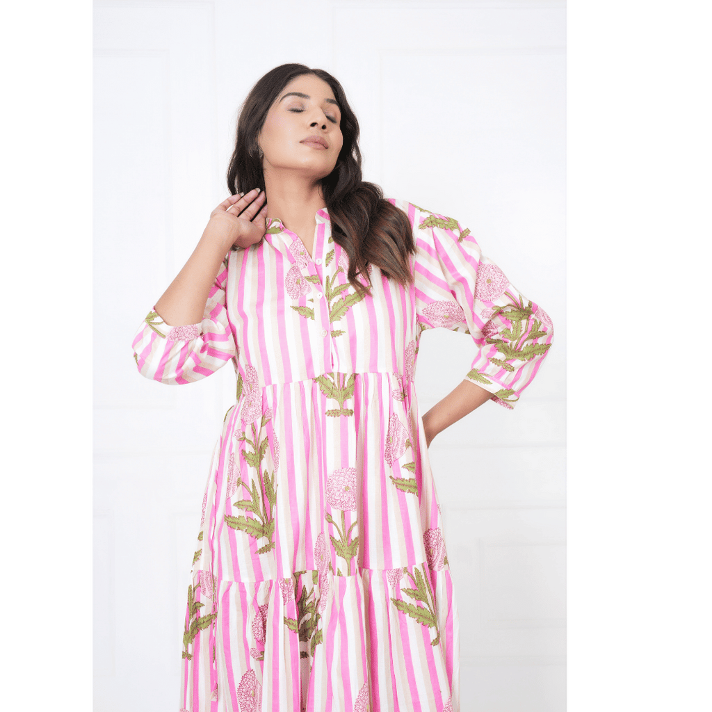 Pink White Floral Print Maxi Anokhi Dress