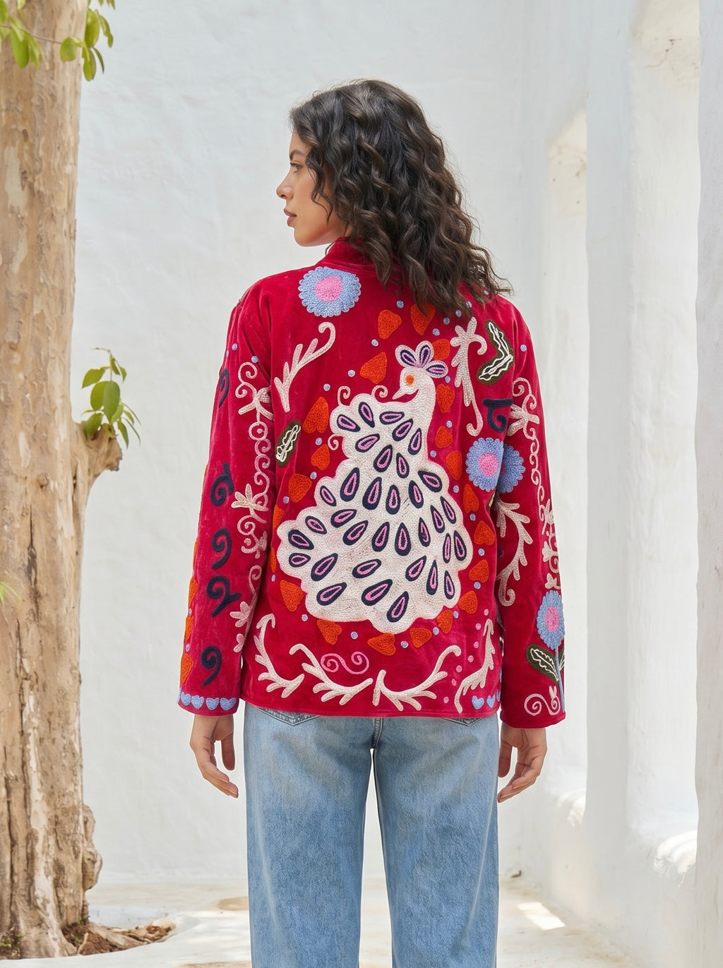 Peacock Paradise Embroidered Velvet Jacket