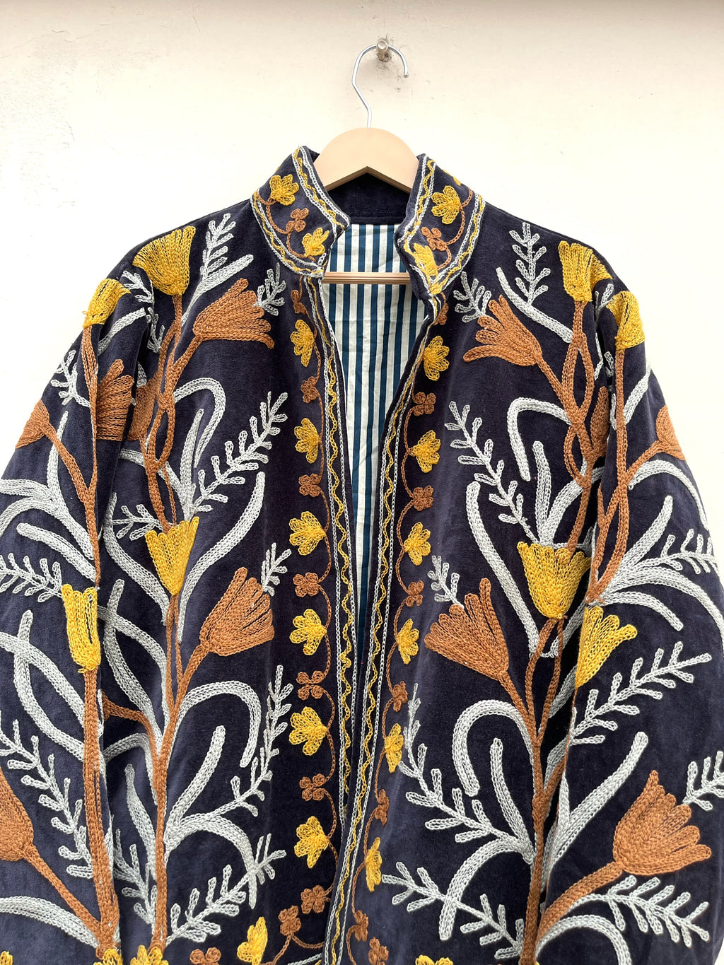 Navy Botanical Embroidered Velvet Jacket