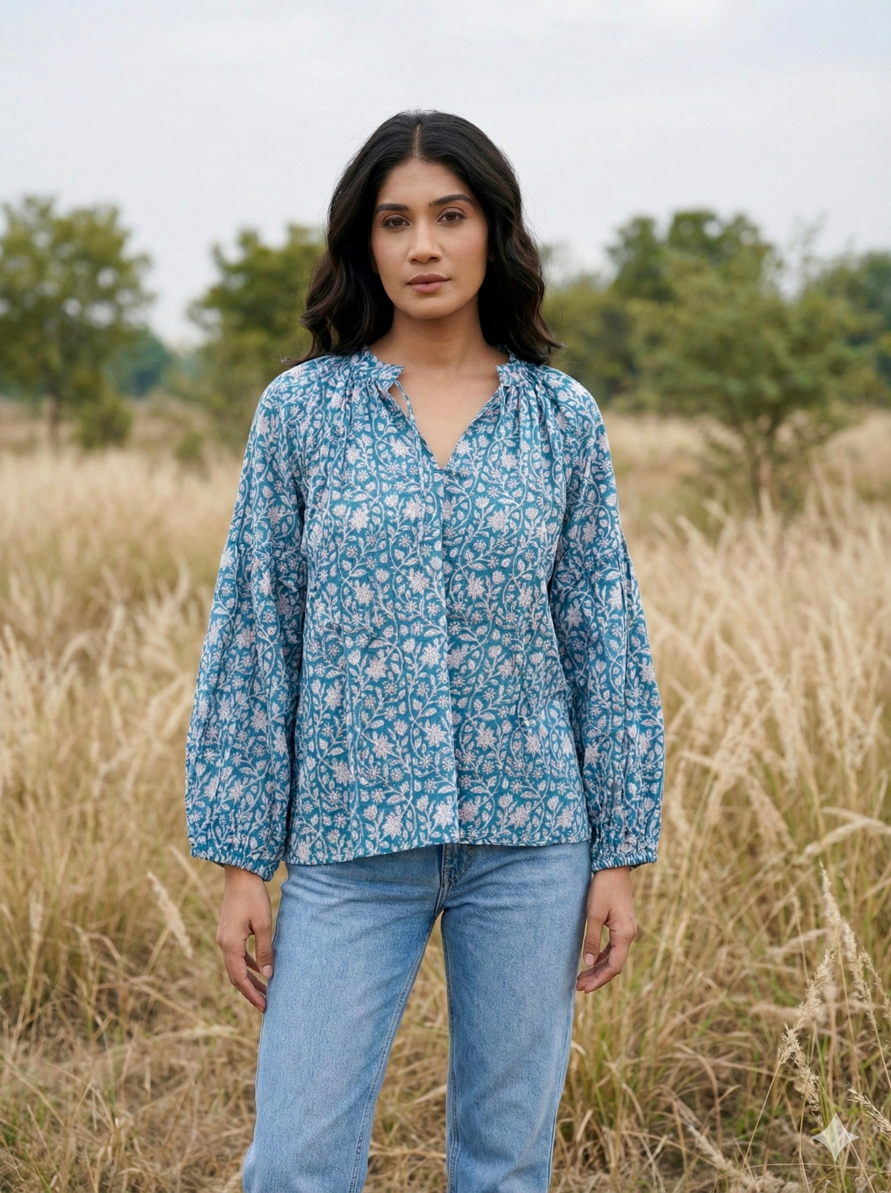 Indigo Breeze Floral Cotton Top