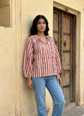 Rust Pink Striped Cotton V-Neck Top with Balloon Sleeves
