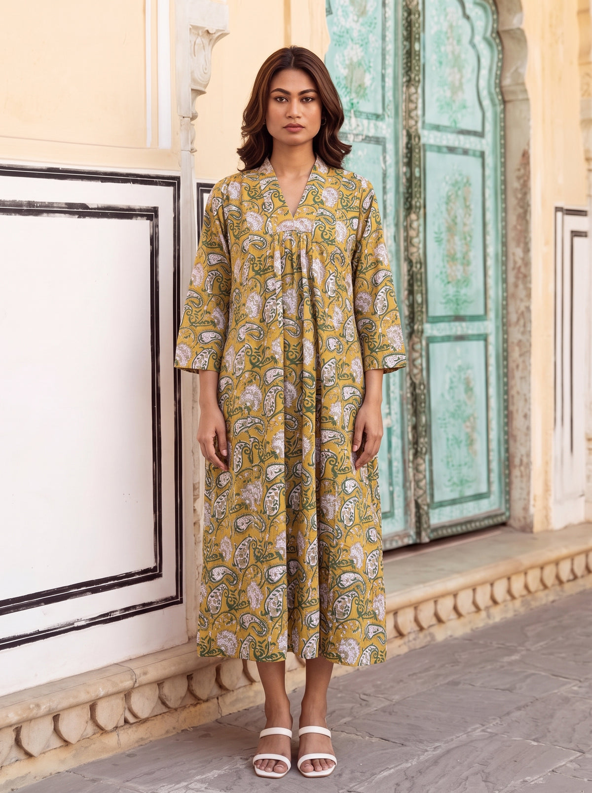 Mustard Paisley Flare Midi Dress