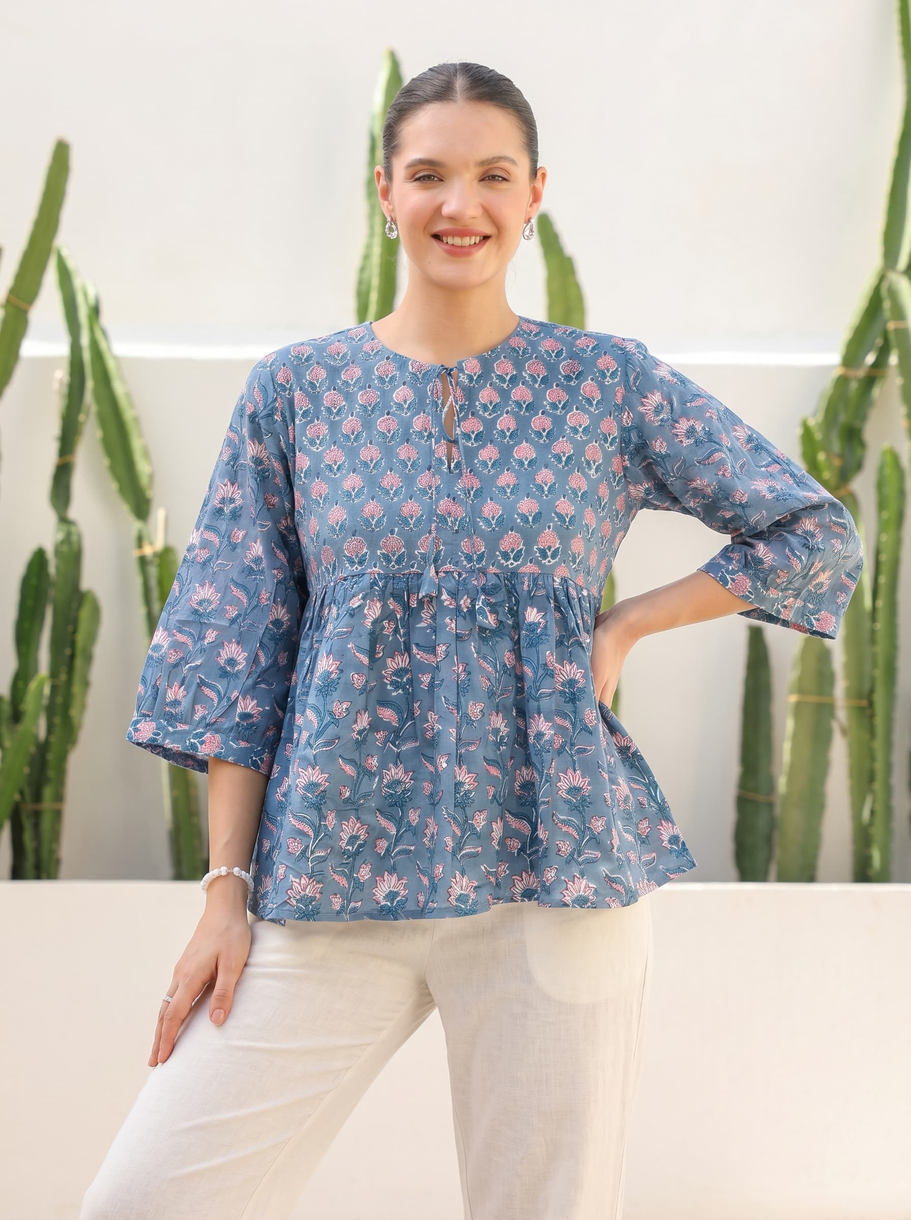 Steel Blue Floral Peplum Top