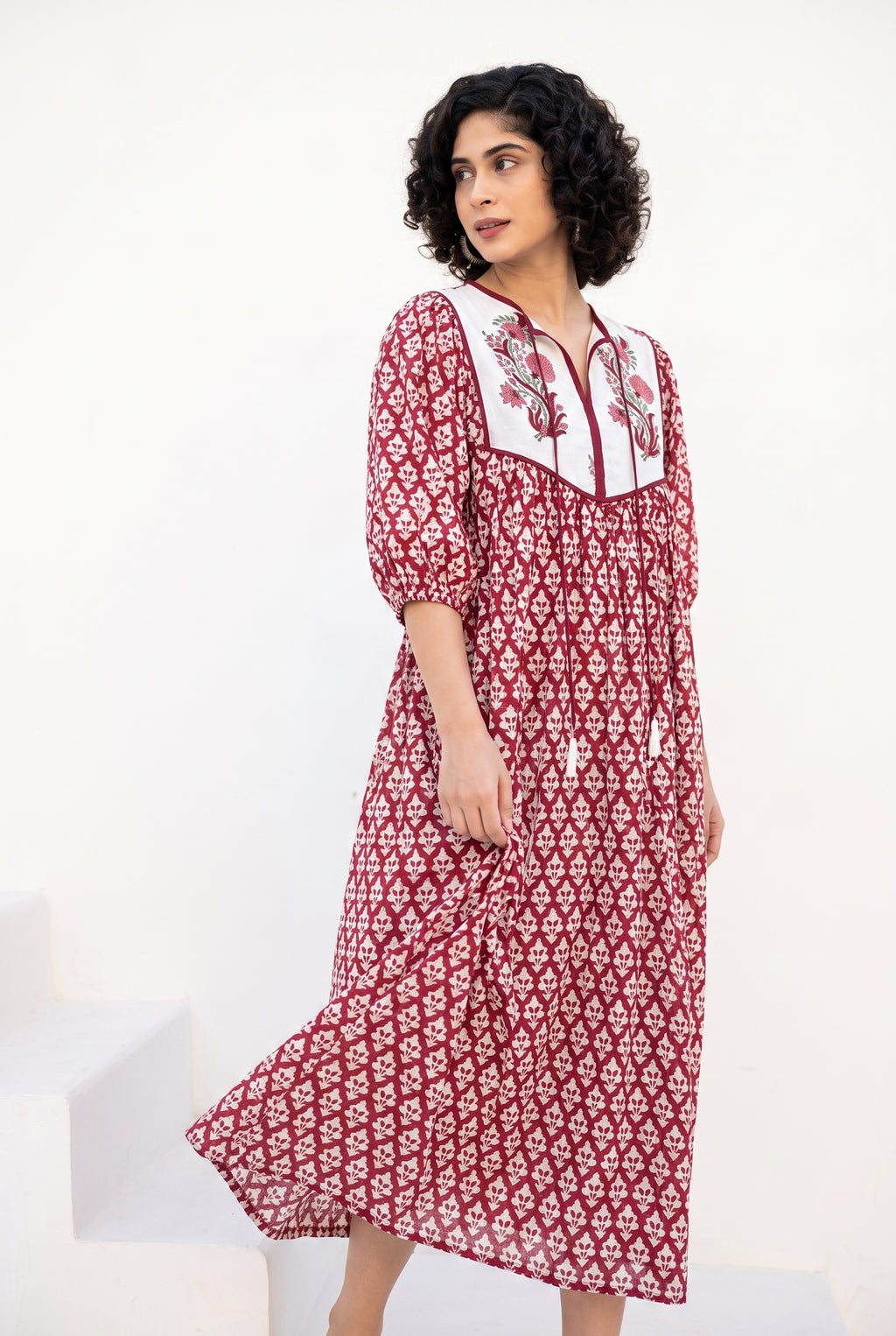 Crimson Garden Cotton Printed Buta Dress
