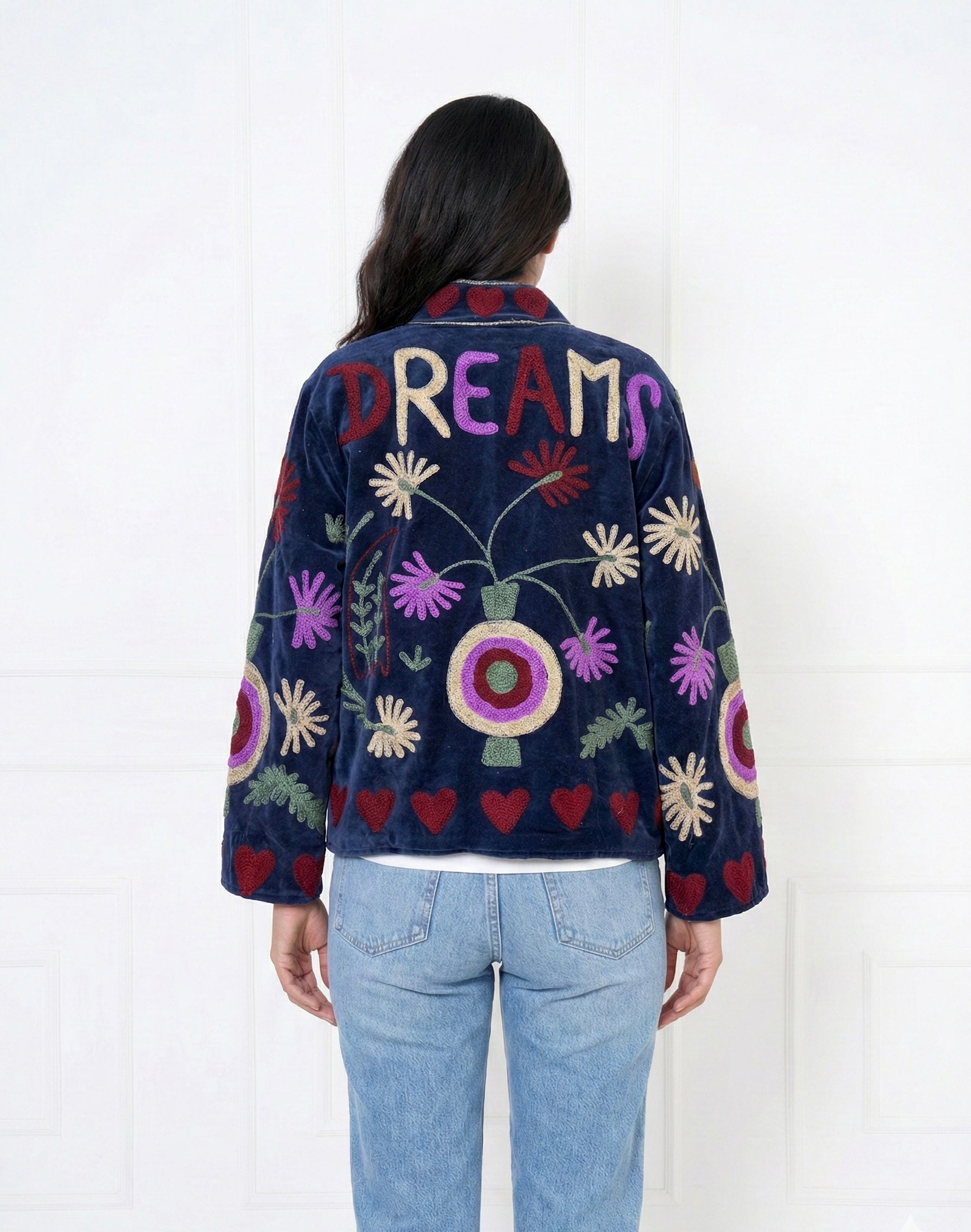 Suzani Embroidered Velvet Jacket With Heart and floral motifs