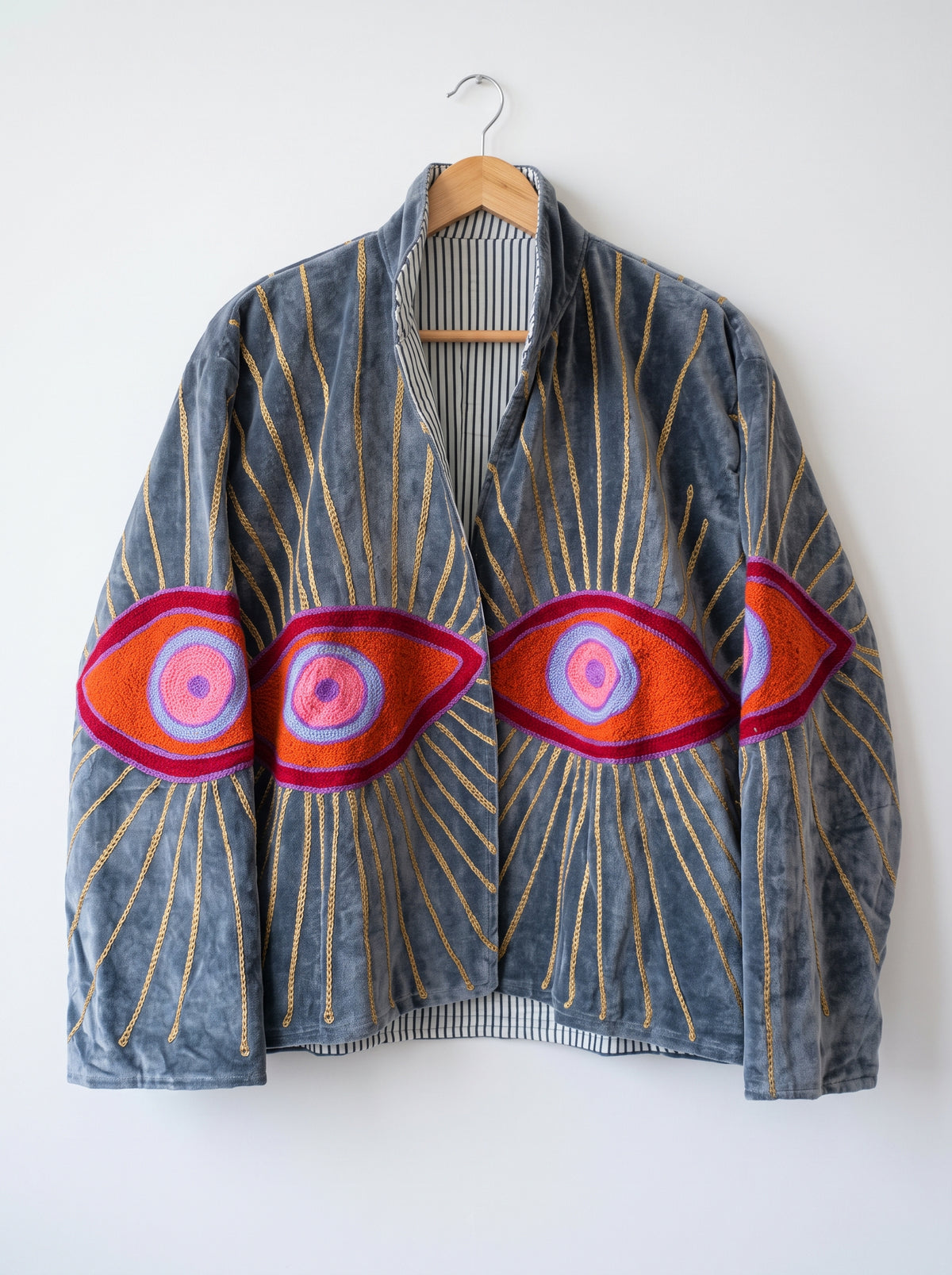 Grey Evil Eye Embroidered Velvet Jacket