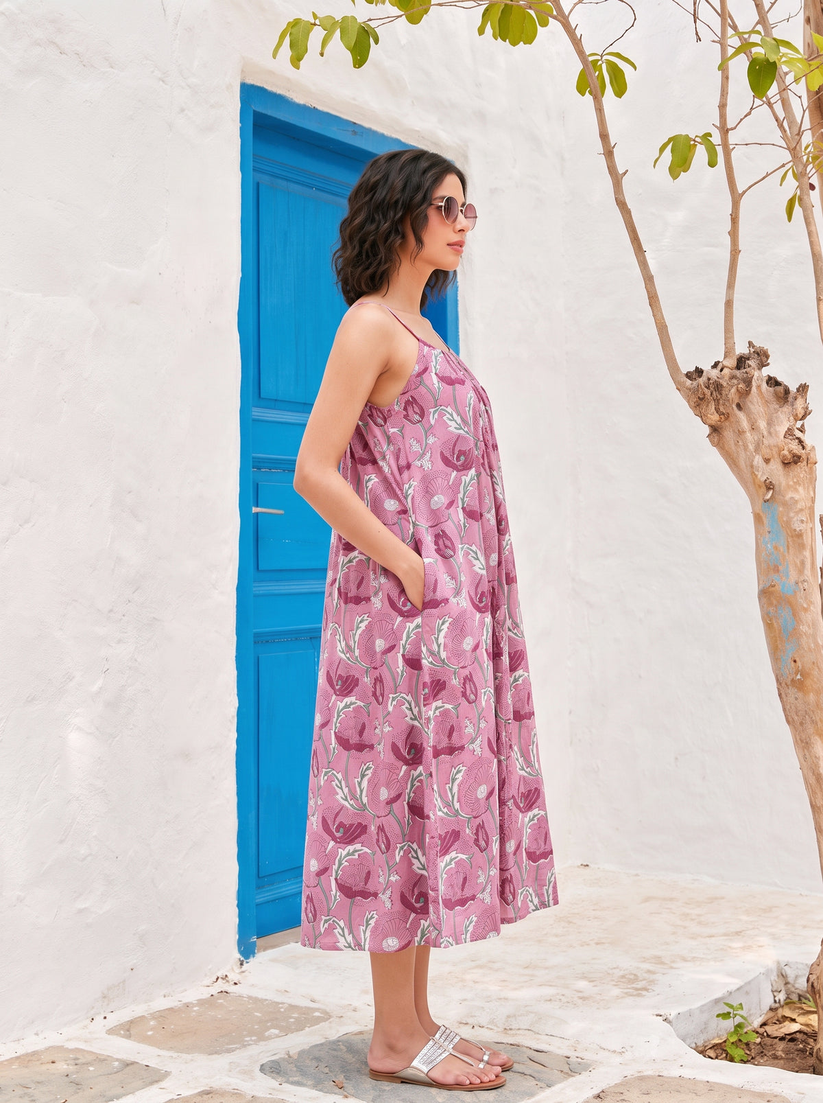 Mauve Floral Cotton Halter Midi Dress