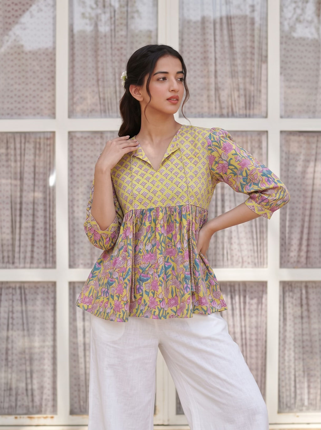 Mustard Floral Peplum Cotton Top