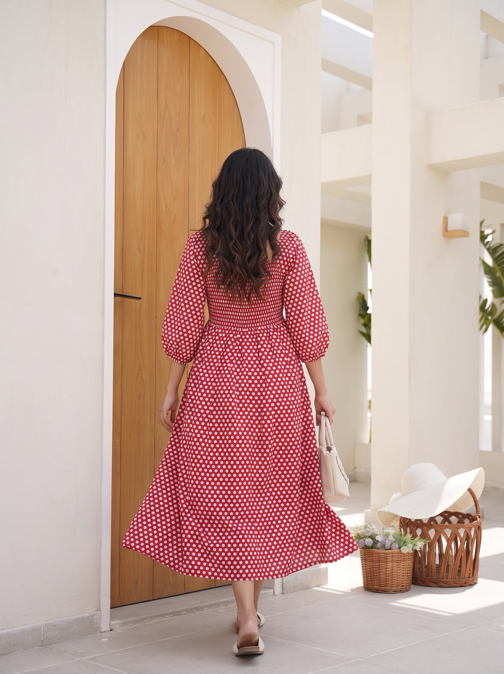 Crimson Polka Smocked Midi Dress