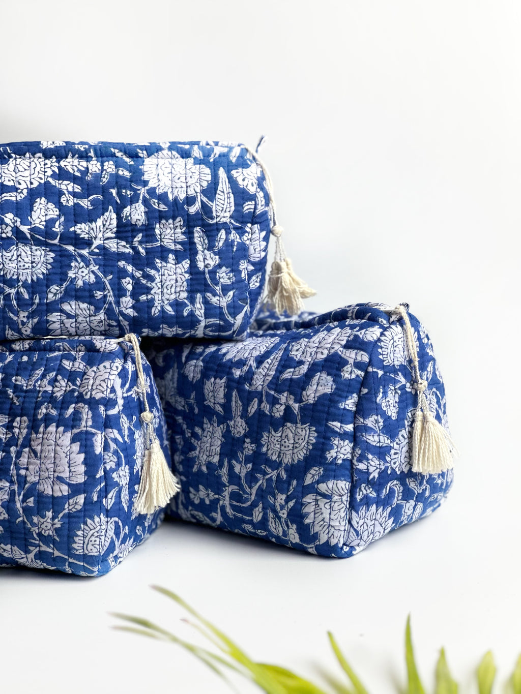 Indigo Bloom Quilted Cosmetic Bag Set of 3