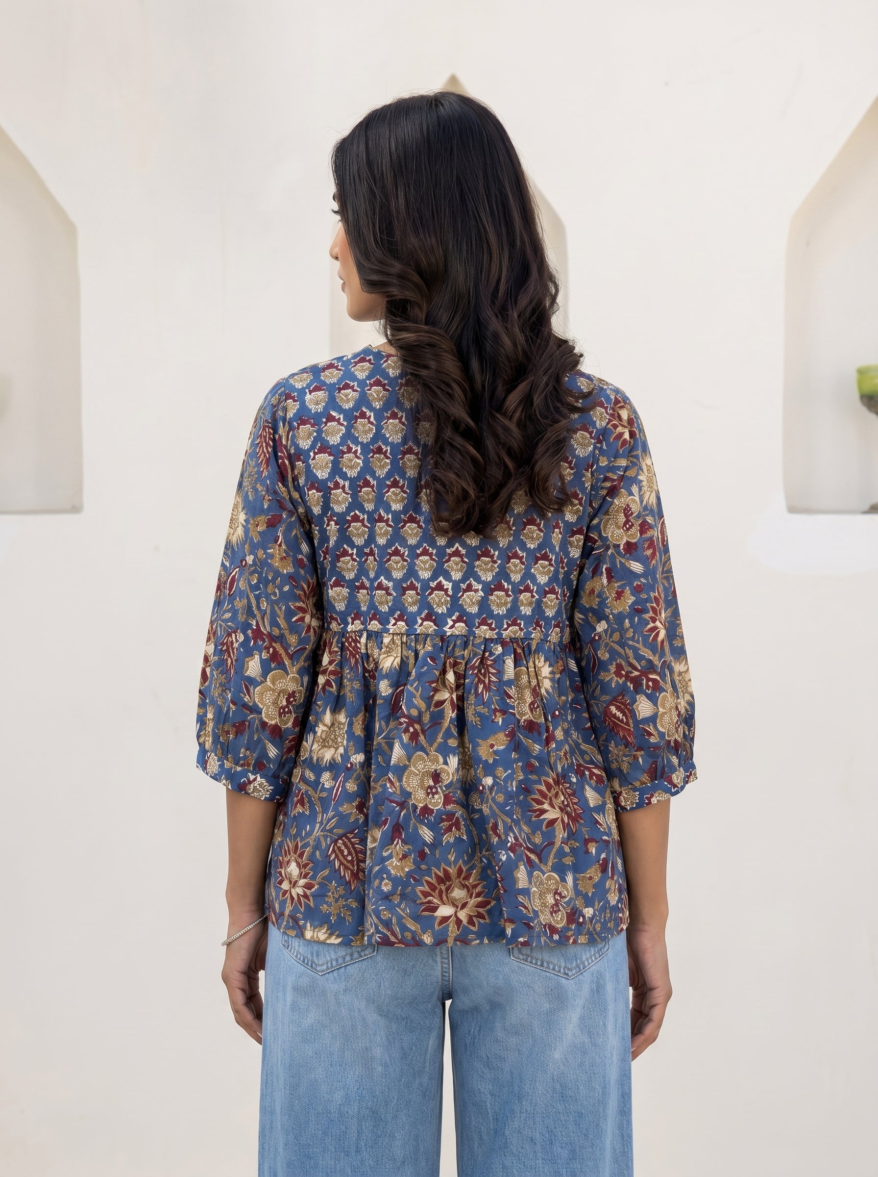 Blue Boho Floral Peplum Top