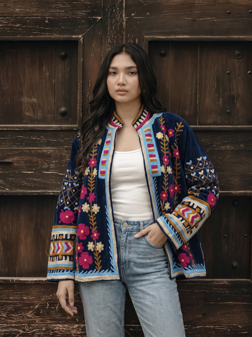 Navy Floral Embroidered Velvet Suzani Jacket