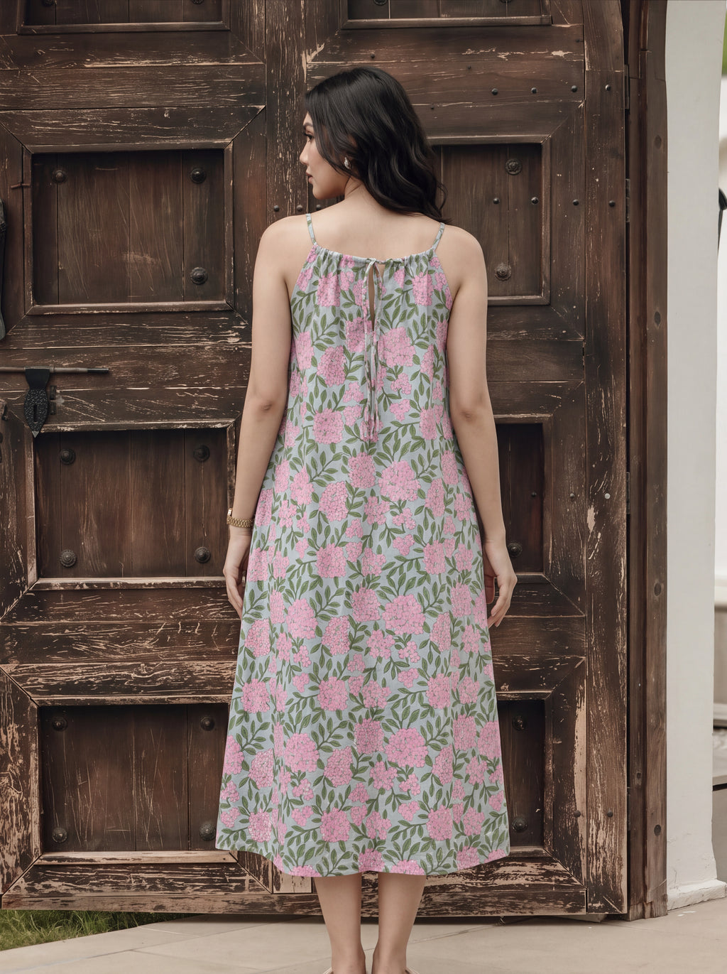 Pink Floral Hand Block Print Cotton Midi Dress