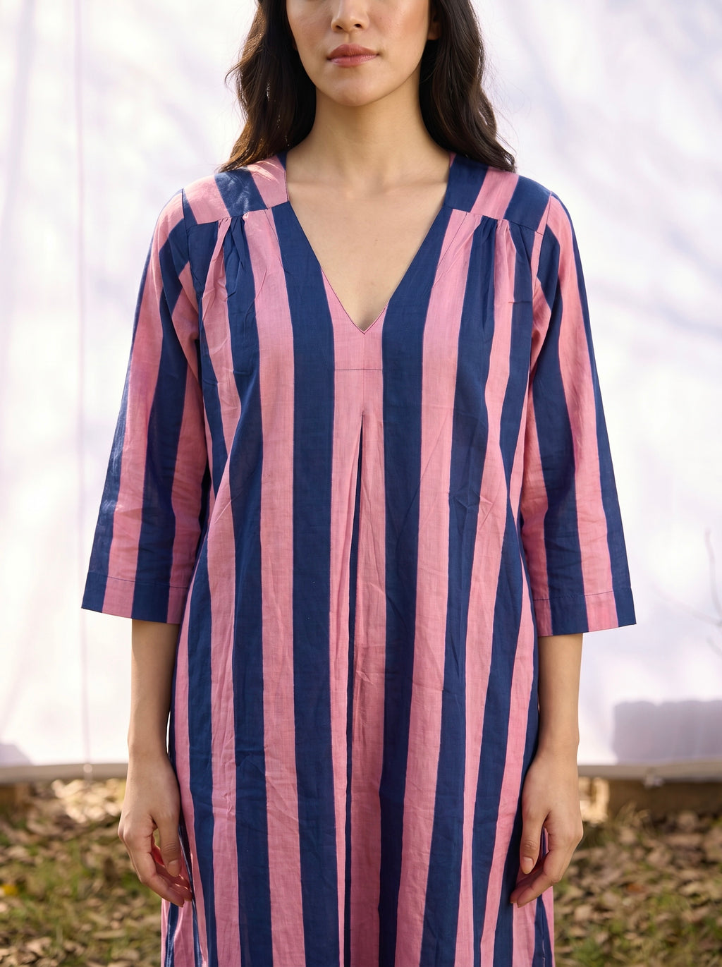 Pink & Navy Stripe Cotton kurta Dress