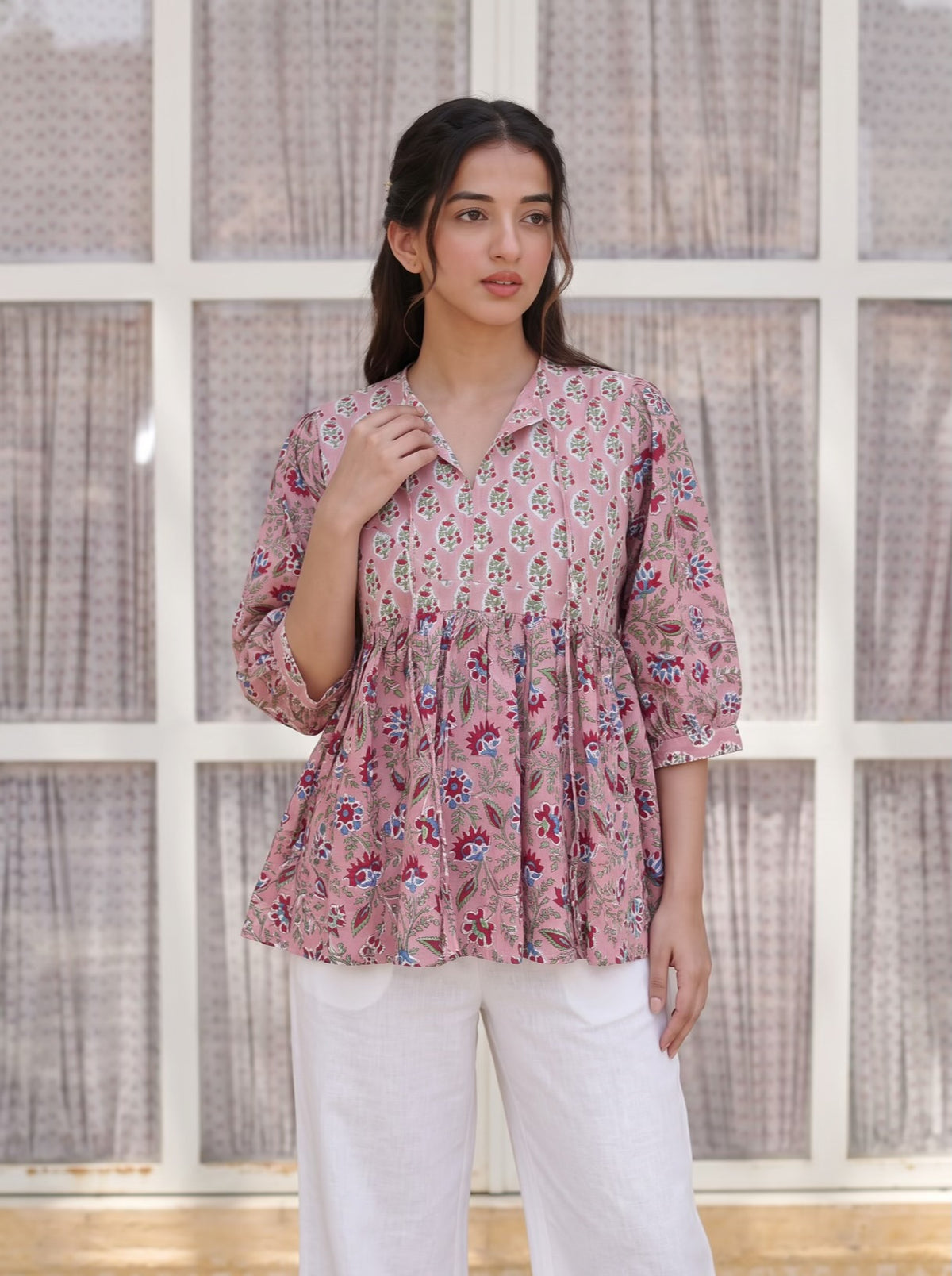 Pink Garden Handblock Peplum Top
