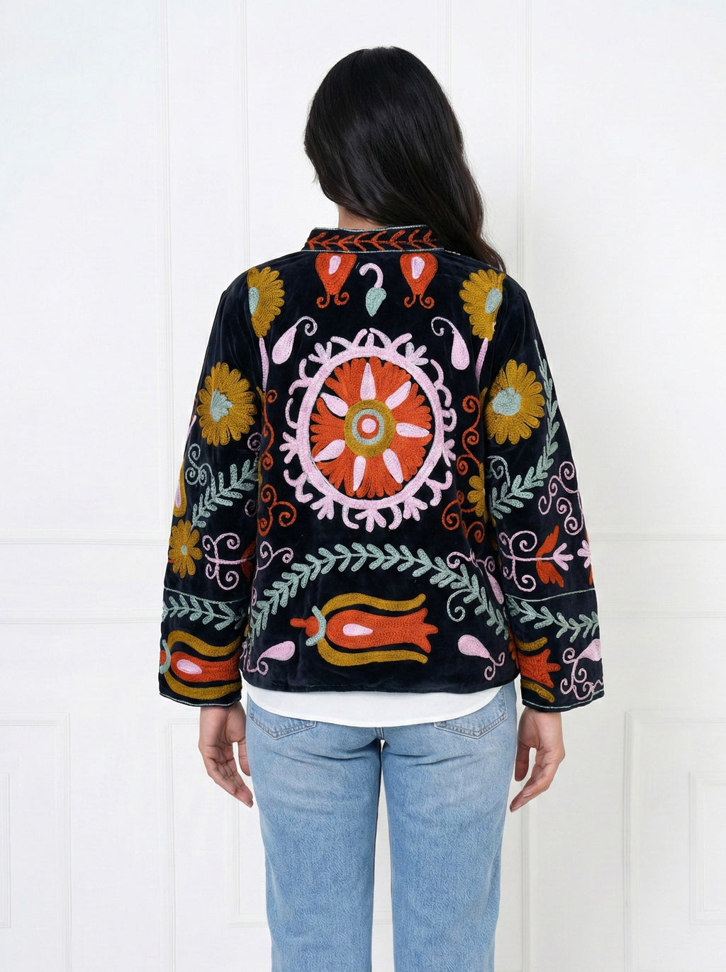 Black Floral Embroidered Velvet Jacket