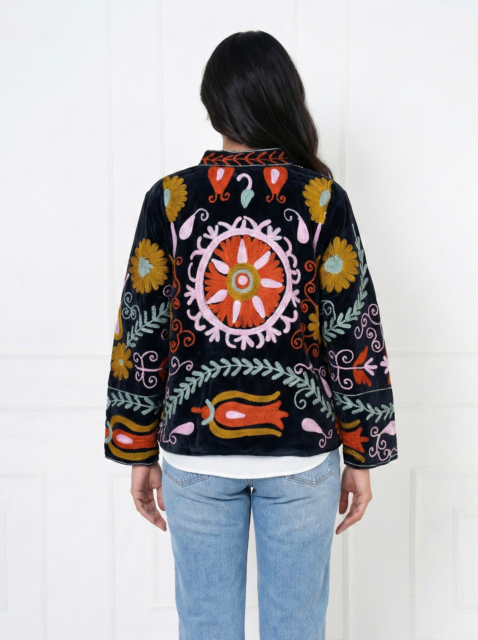 Black Floral Embroidered Velvet Jacket