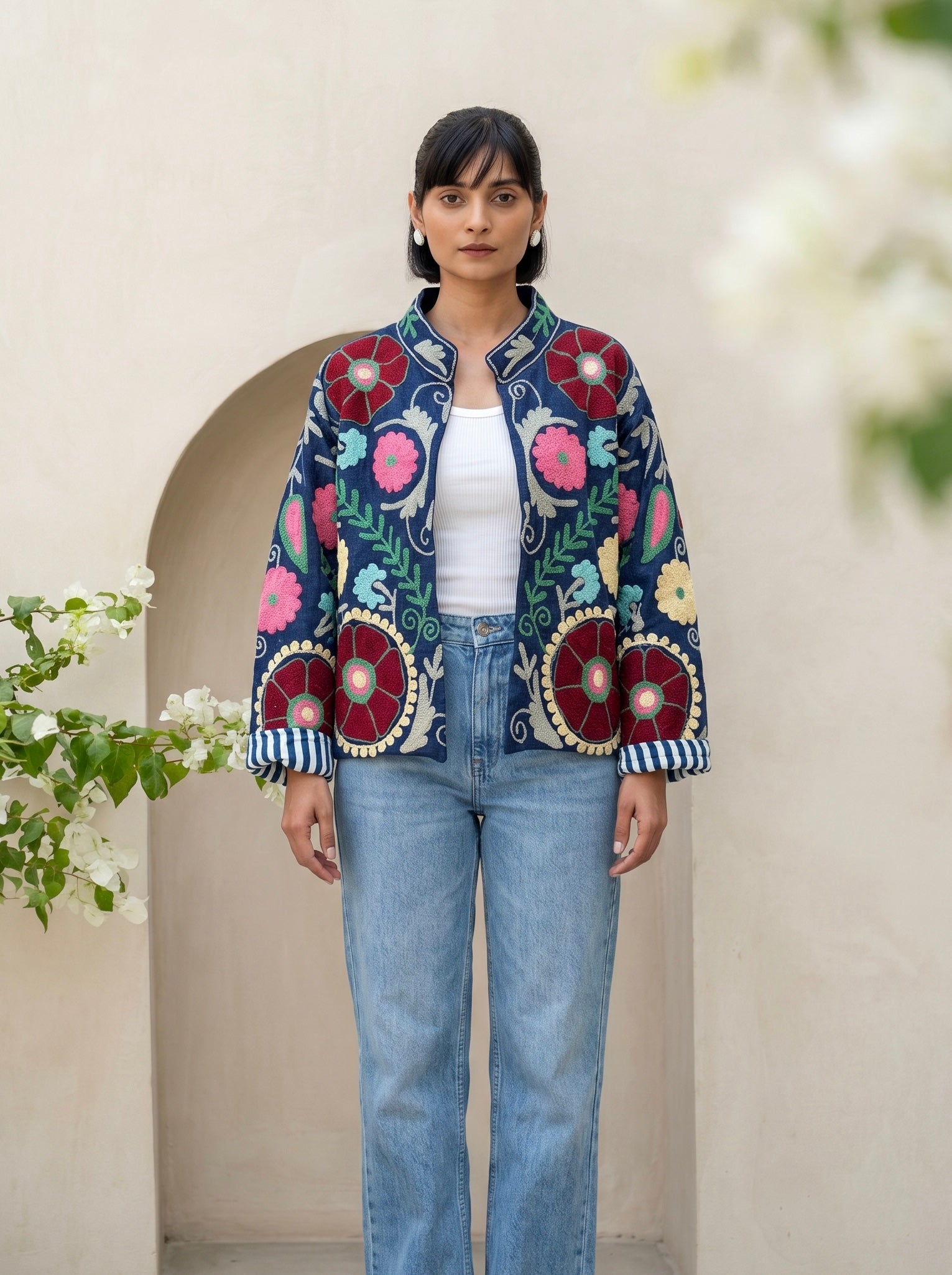 Navy Floral Suzani Denim Jacket