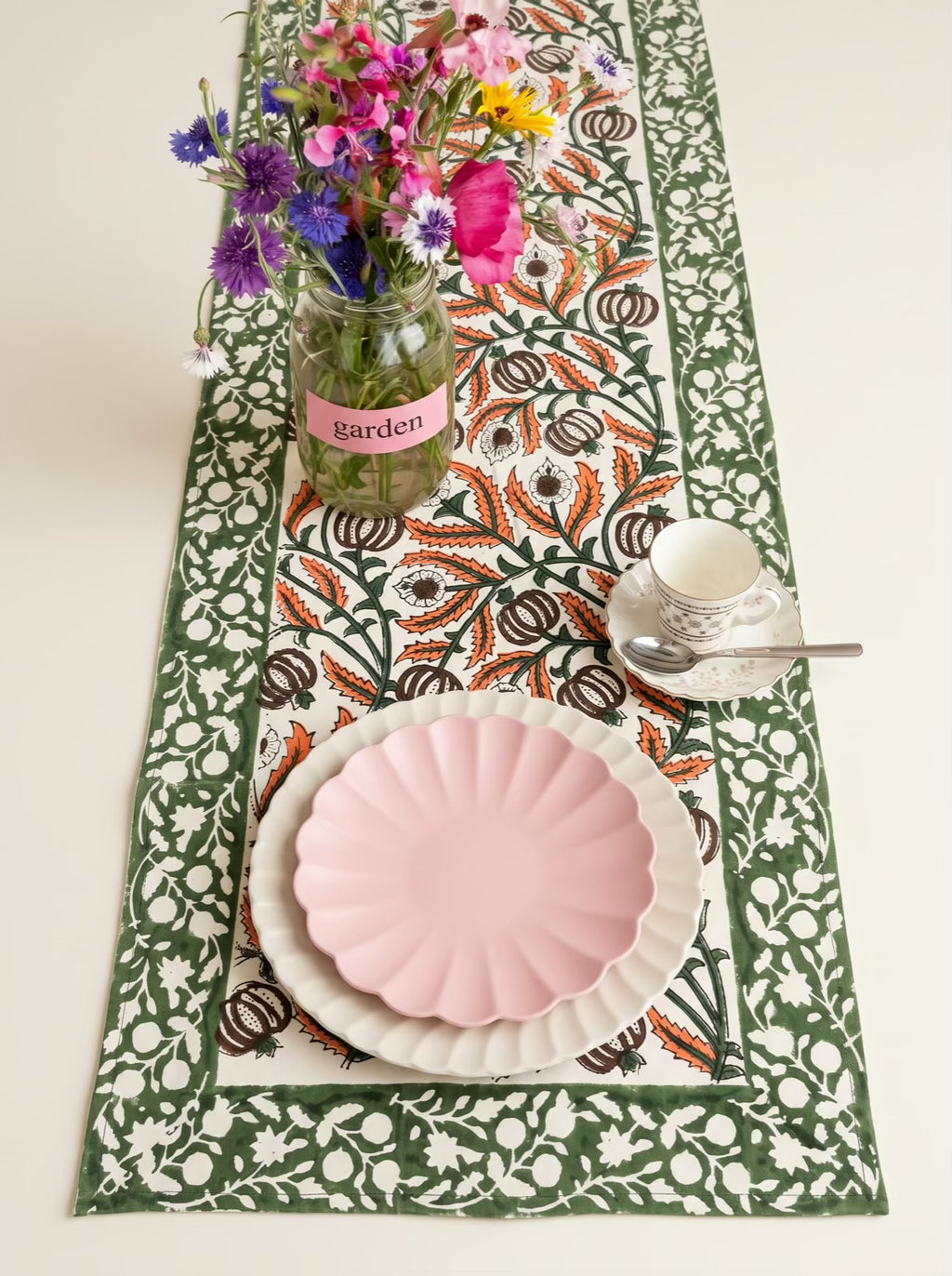 Green & Rust Botanical Hand Block Print Table Runner