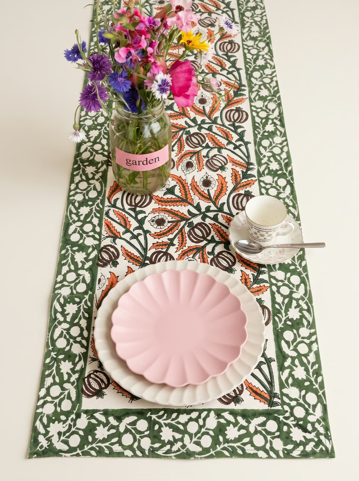 Green & Rust Botanical Hand Block Print Table Runner
