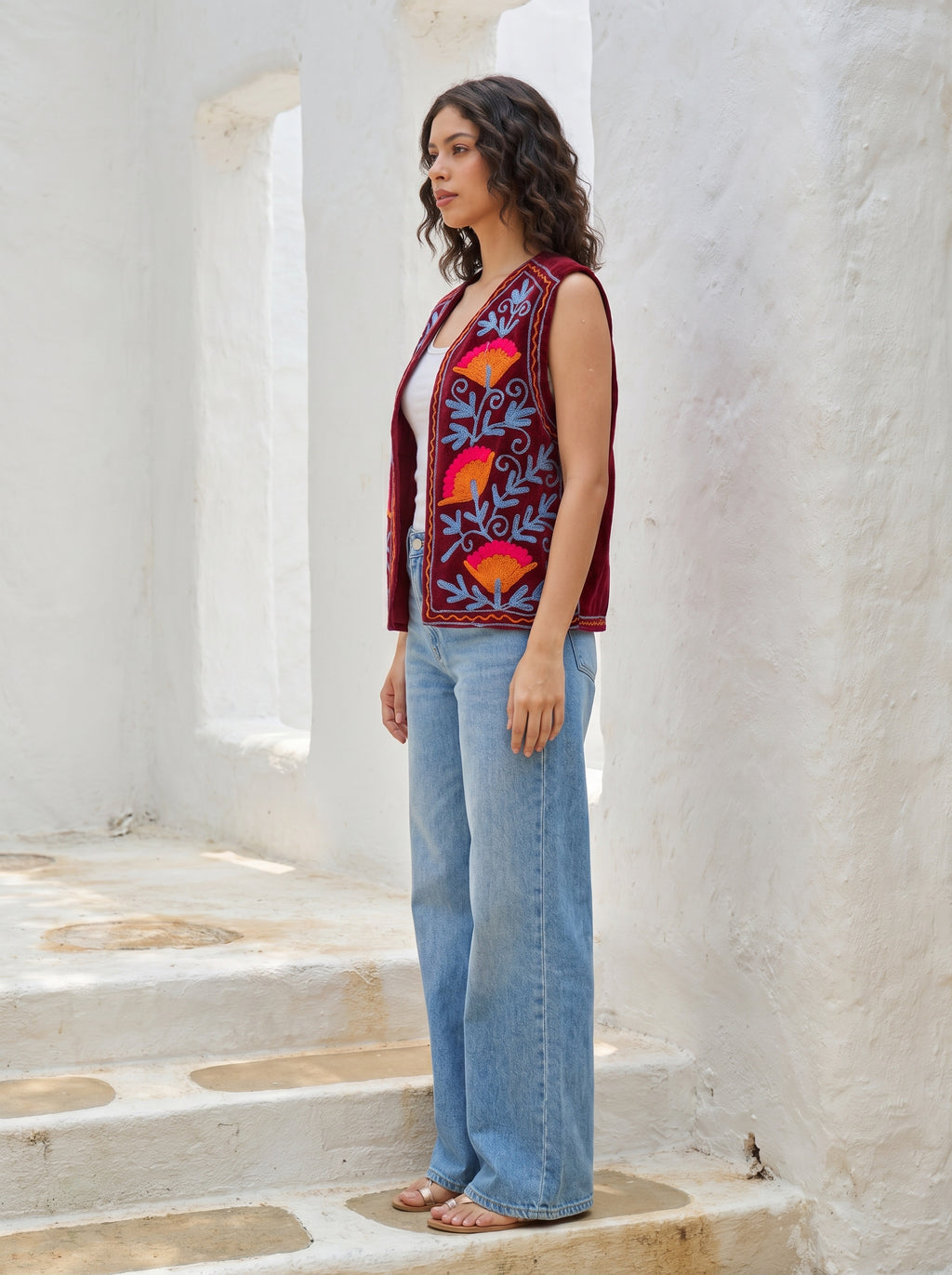 Red Sunset Bloom Embroidered Velvet Vest