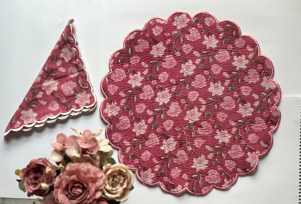 Dusty Rose Floral Quilted Placemats & Napkin Set of 6