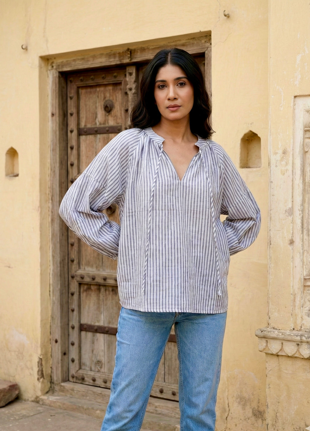 Soft Grey Stripe Relaxed Fit Cotton Top
