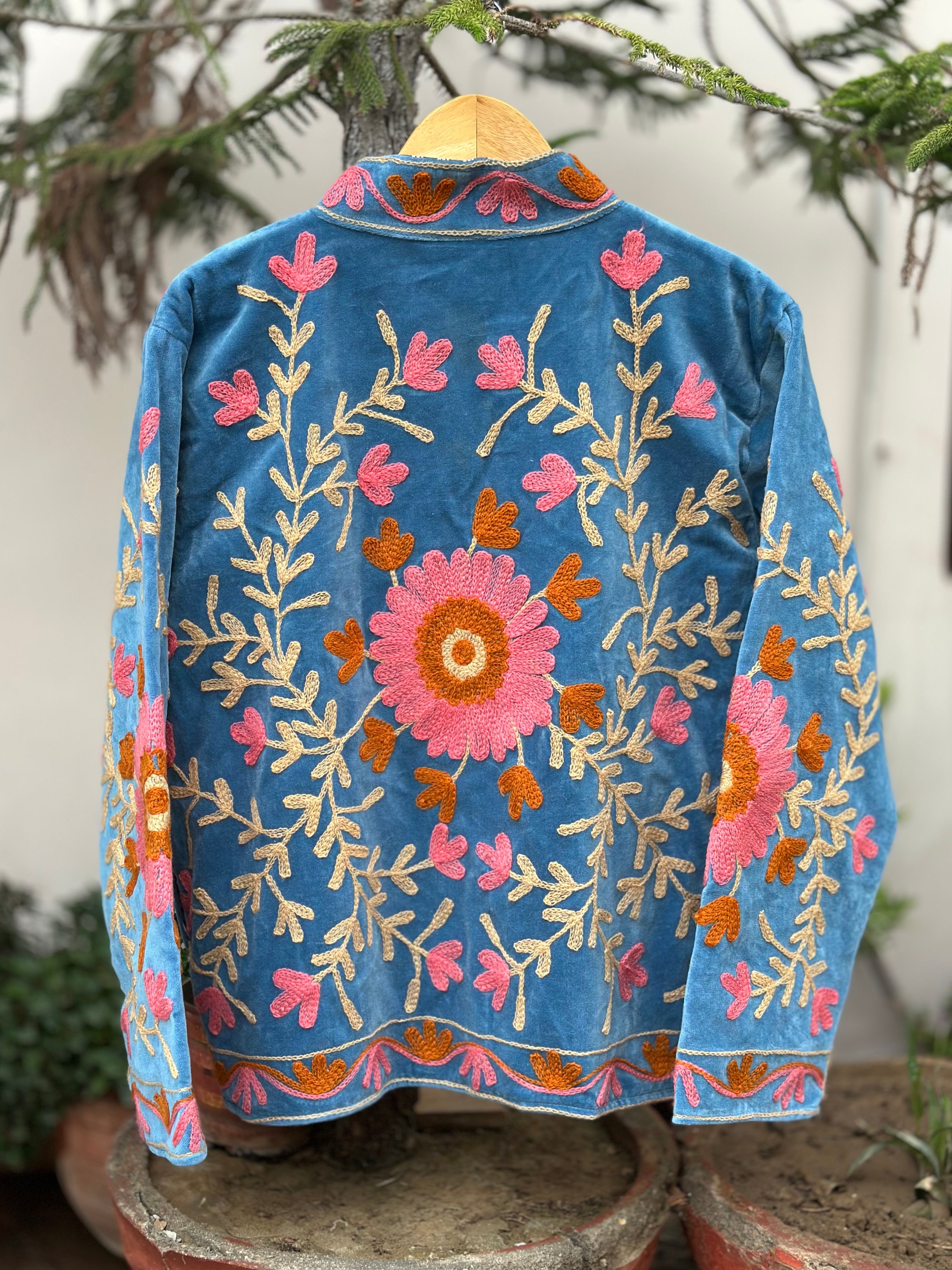Sky Blossom Embroidered Velvet Jacket