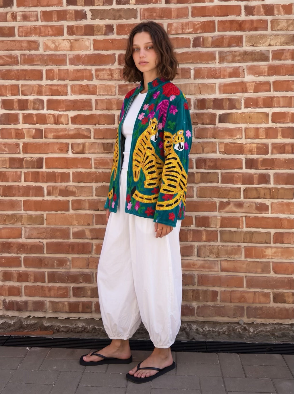 Teal Garden Tiger Embroidered Jacket