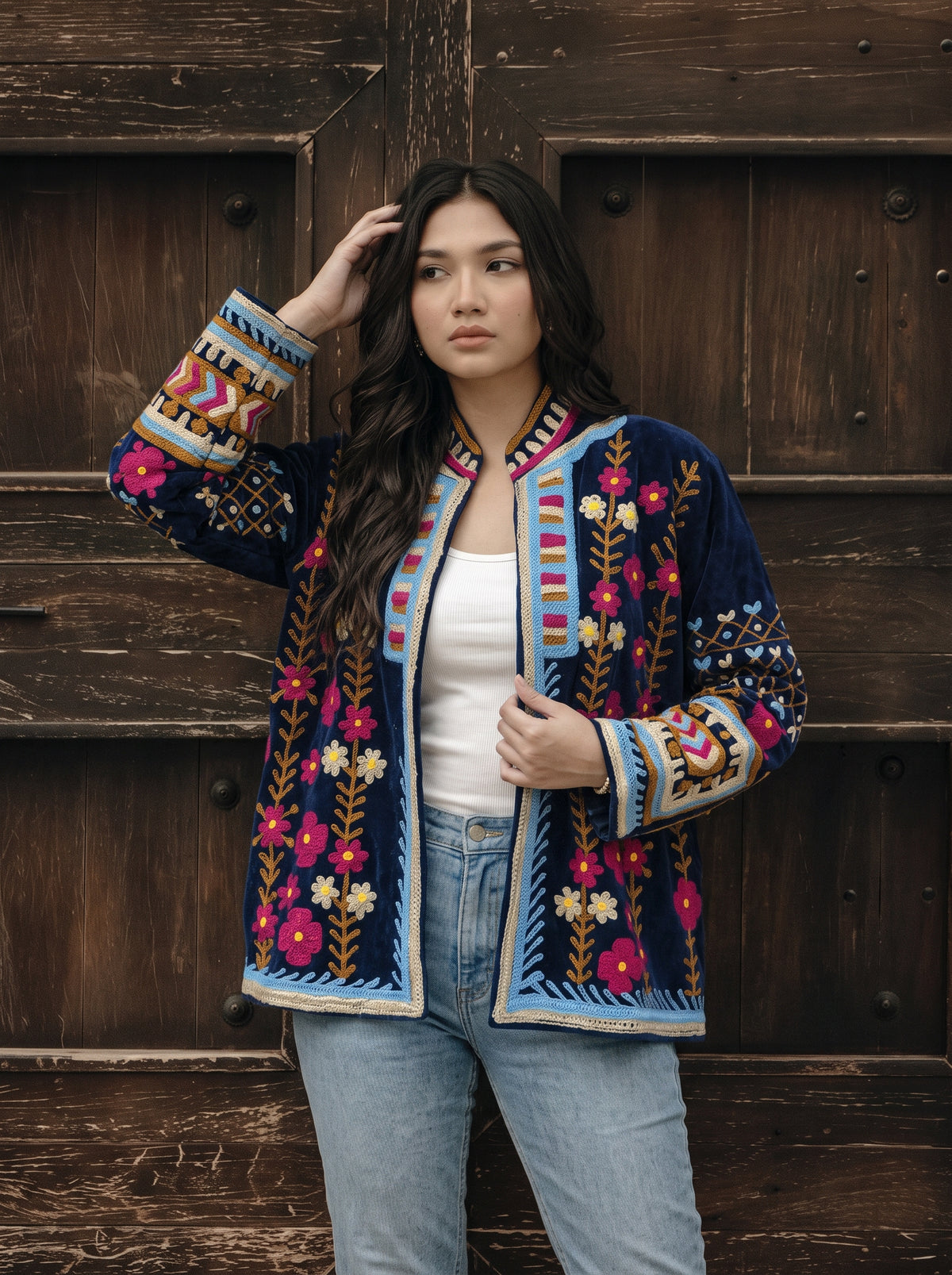 Navy Floral Embroidered Velvet Suzani Jacket