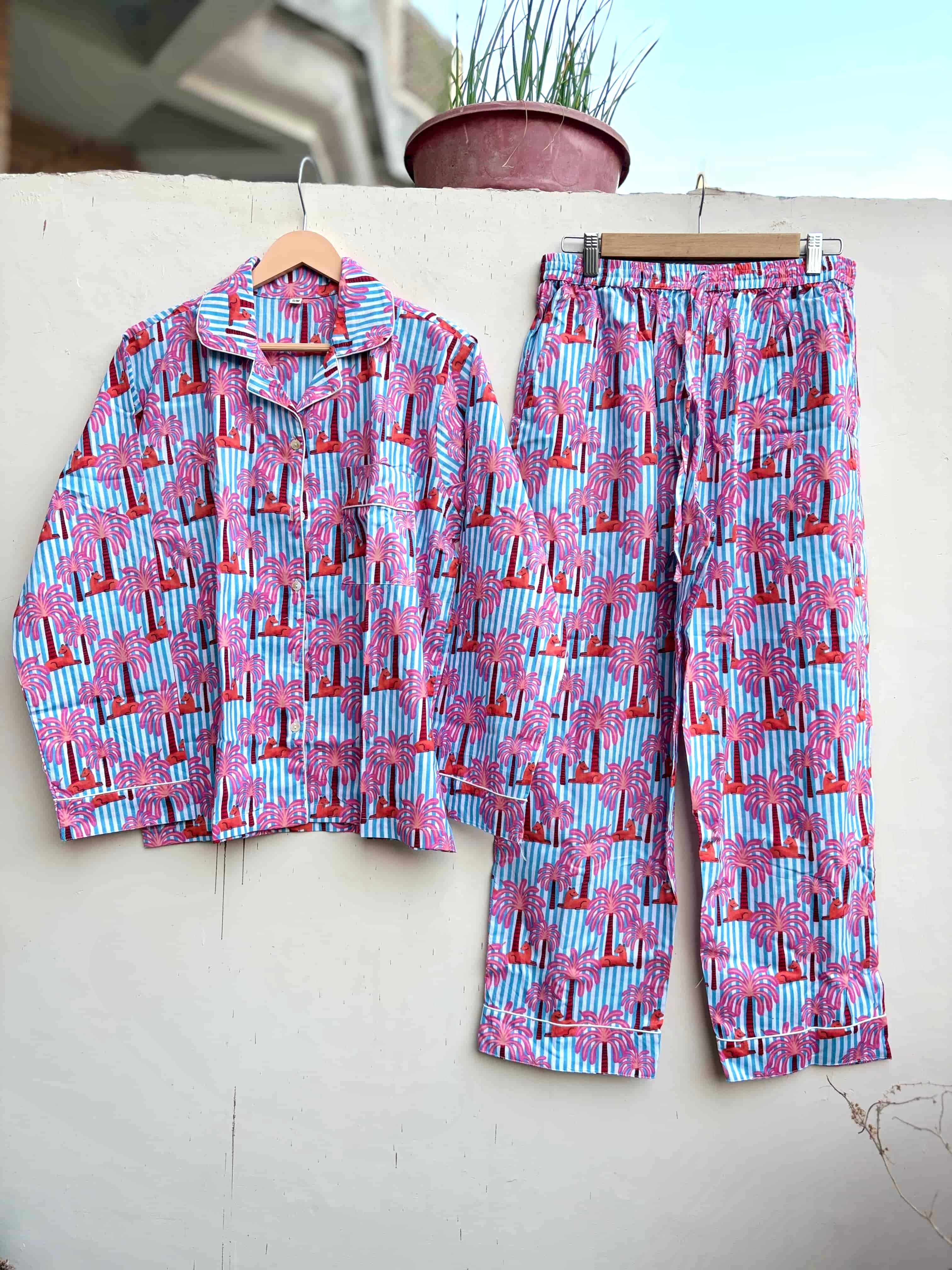 Tropical Palm Stripe Cotton Night Suit Set