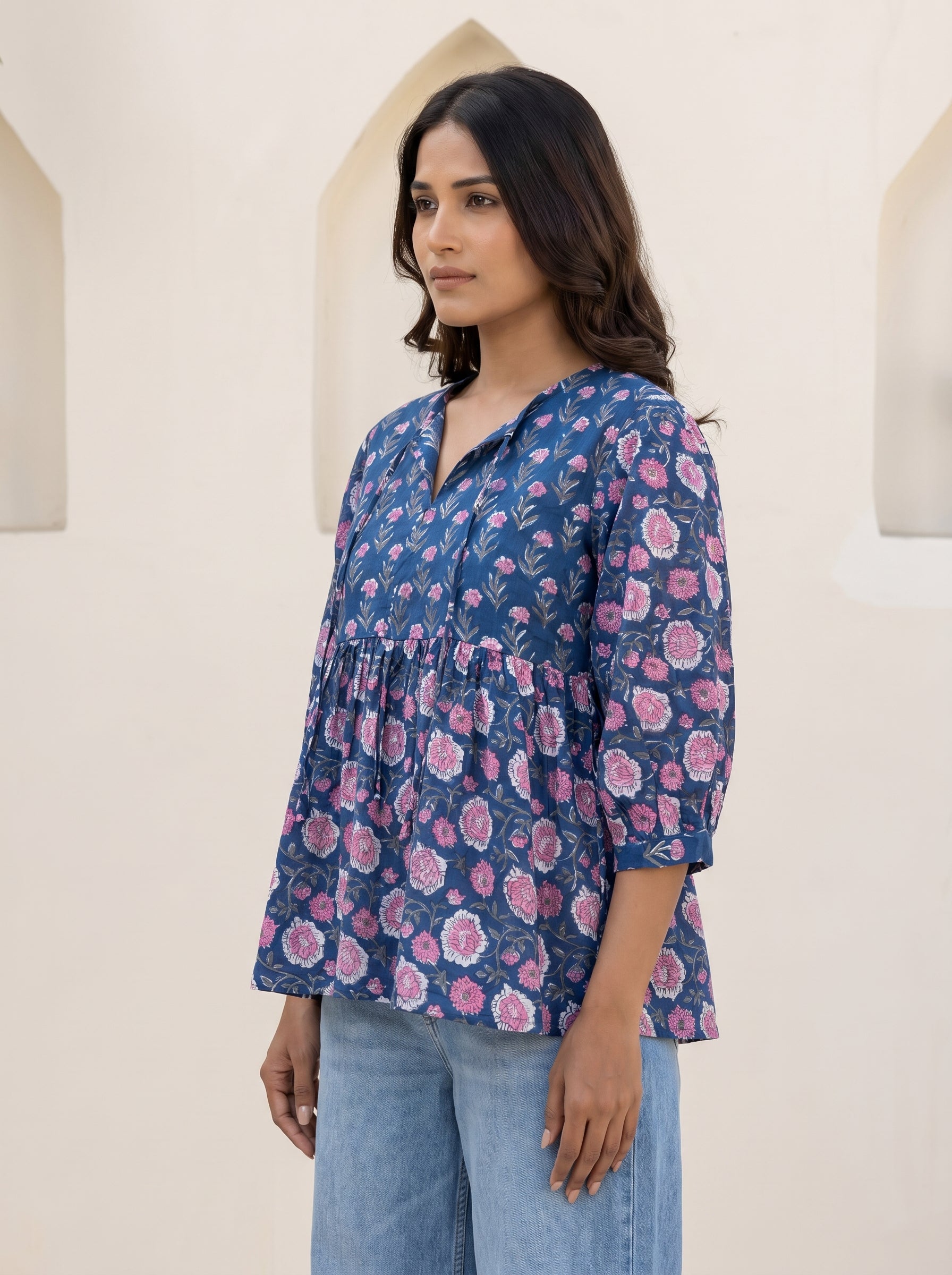 Navy Pink Floral Peplum Top
