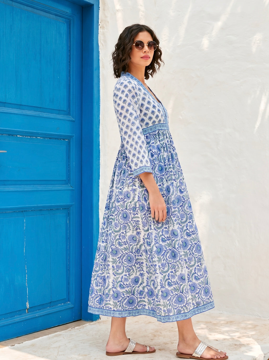 Azure Garden Handblock Maxi Dress