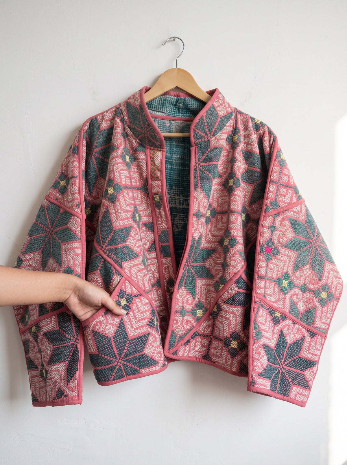 Rose& Teal Floral Kantha Bomber Jacket