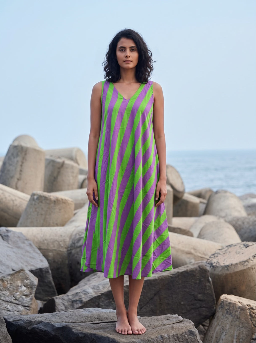 Lime Violet Stripe Midi Dress